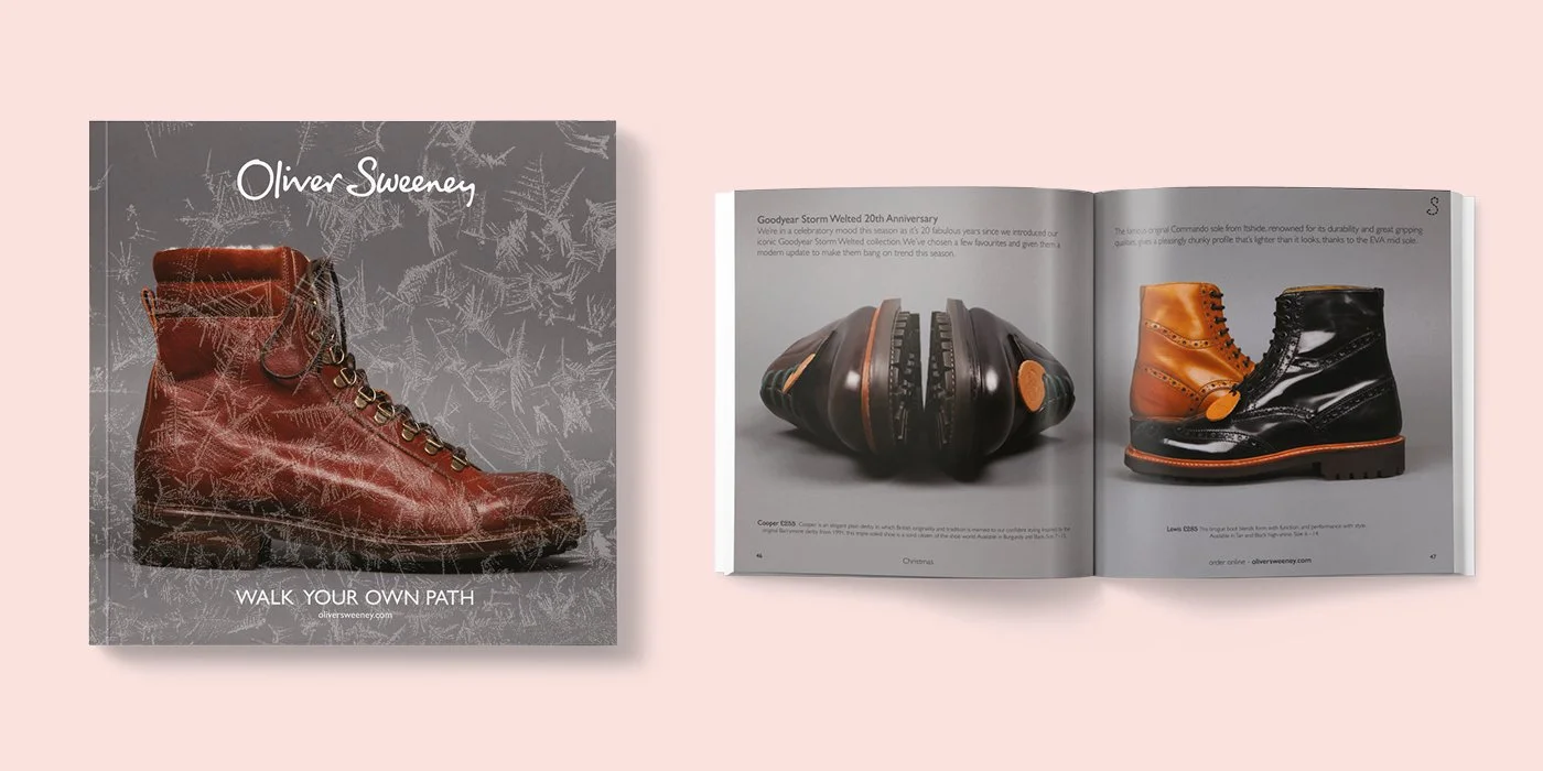 Catalogue cover and spread combining a frosted seasonal treatment with clear editorial layouts highlighting product details and craftsmanship.
