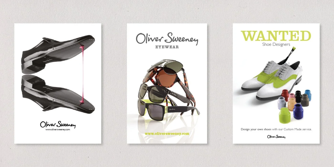 A series of adverts for footwear, eyewear and the Custom Made service, combining striking product imagery with minimal typography and touches of humour.