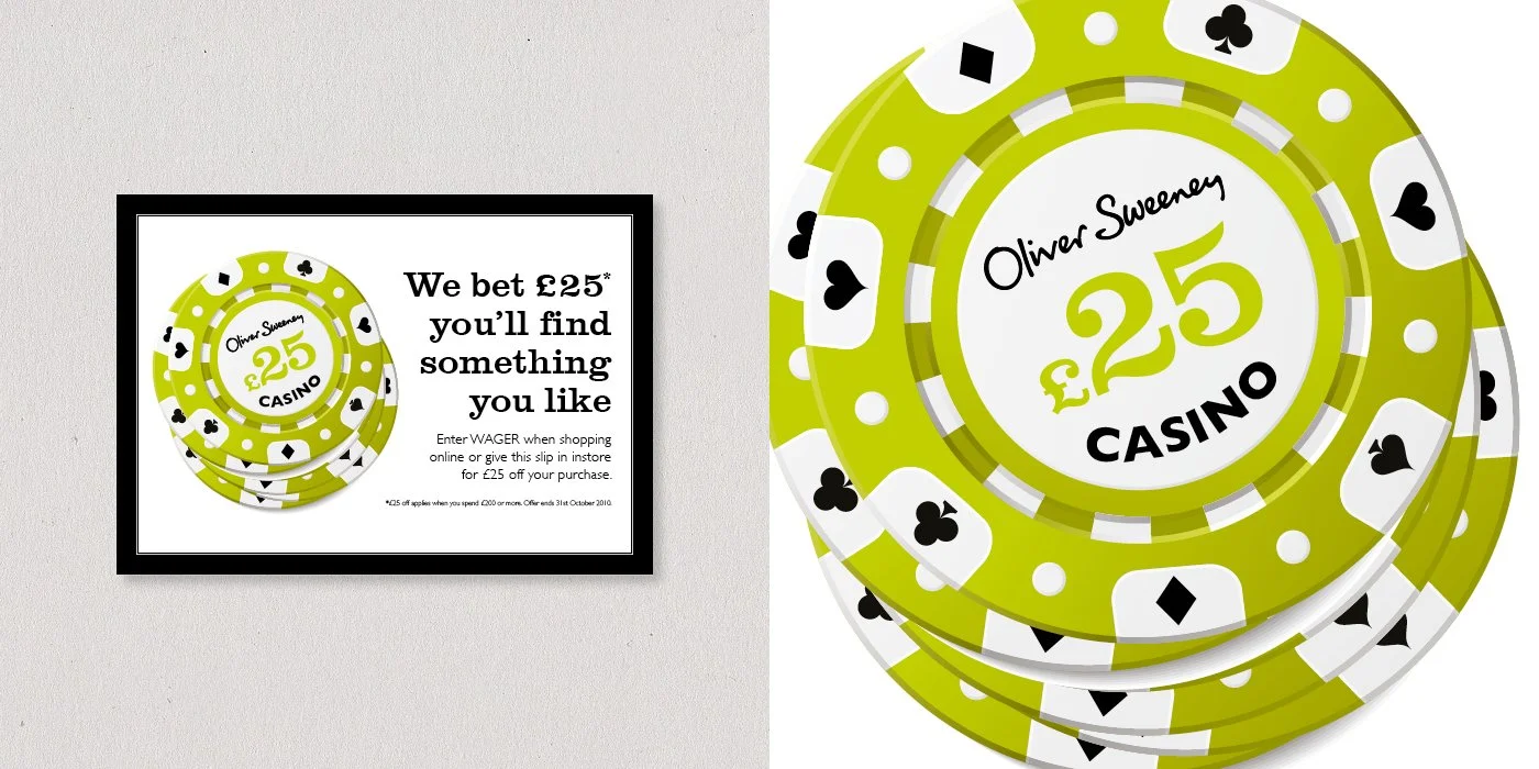 A playful casino-themed promotion, pairing branded chip graphics with a bold £25 offer for online and in-store purchases.