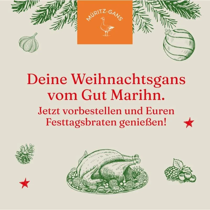 30 Wochen in Freilandhaltung statt 10 Wochen Stallmast.
Mecklenburg-Vorpommern statt Polen.
Schockgefrostet statt monatelang tiefgek&uuml;hlt.

Das ist der Unterschied, den Du schmeckst. 🦆

Unsere M&uuml;ritz-G&auml;nse sind bereit f&uuml;r Dein Wei