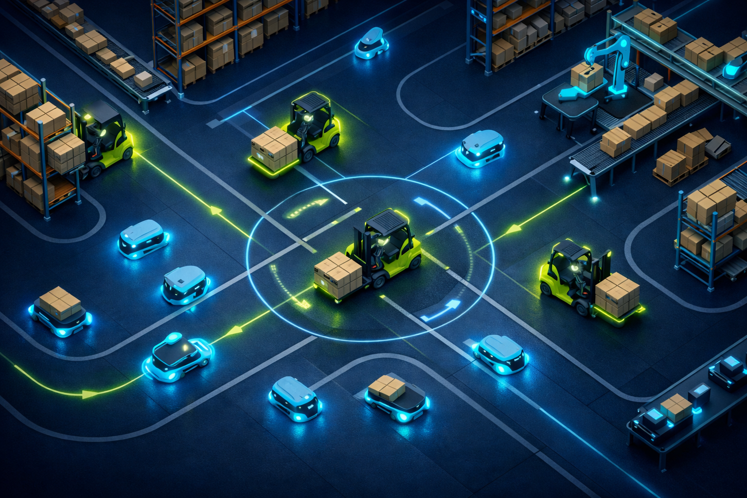 Automatisierte Lagerhalle mit autonomen Gabelstaplern, Robotern und Fahrzeugen, die Regale und Pakete bewegen, gesteuert durch intelligente Transportsysteme