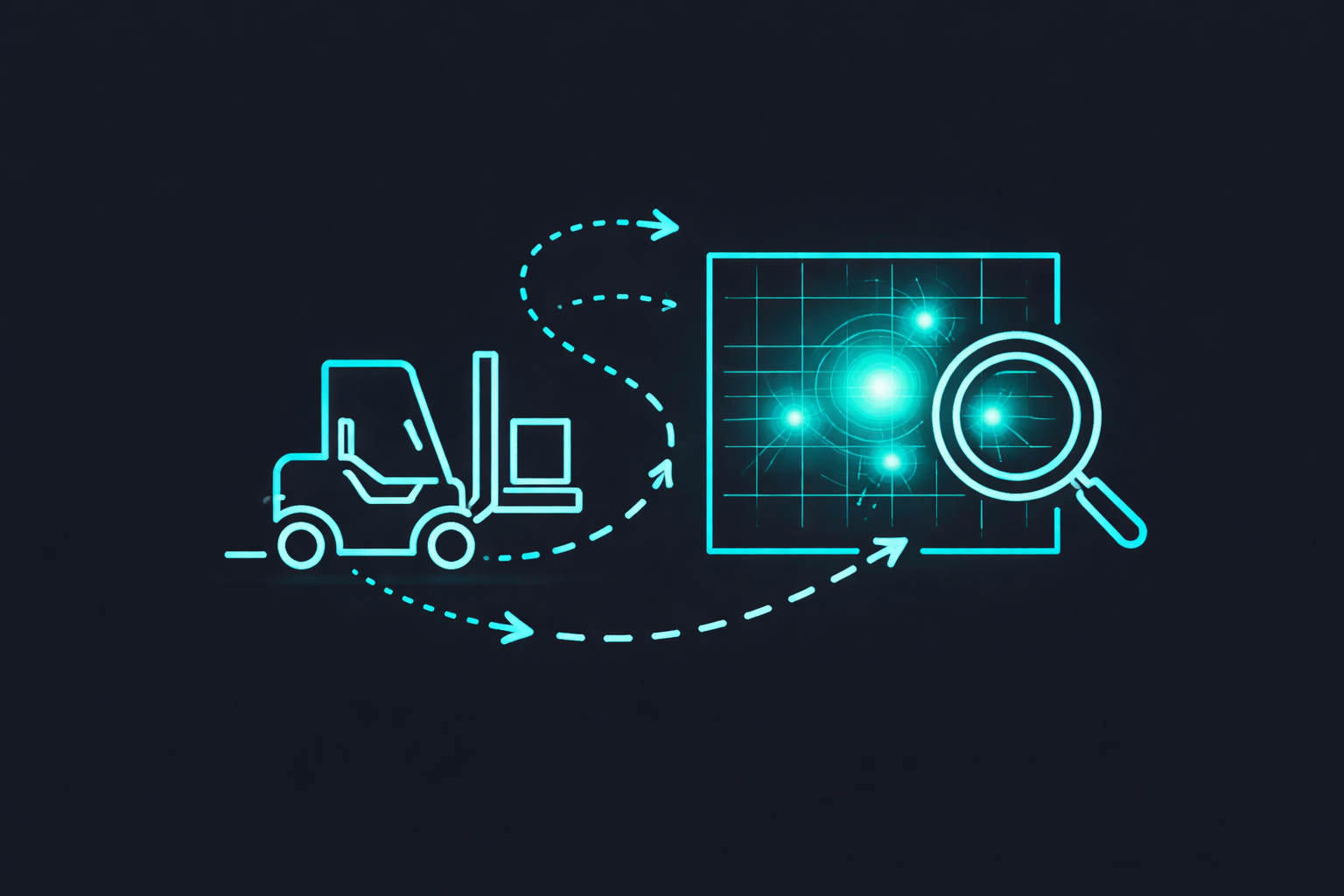 Grafik eines Gabelstaplers, der Daten auf einem Bildschirm analysiert, durch Bewegungspfeile verbunden.