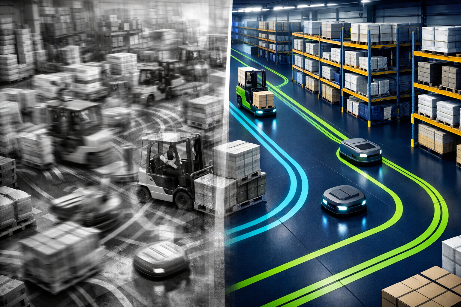 Der rechte Teil des Bildes zeigt eine moderne Lagerhalle mit autonomen Fahrzeugen, die Ladung transportieren. Der linke Teil ist eine schwarz-weiße, verschwommene Aufnahme eines chaotischen Lager- oder Warentransportbereichs mit zahlreichen Gabelstaplern und Fahrzeugen.