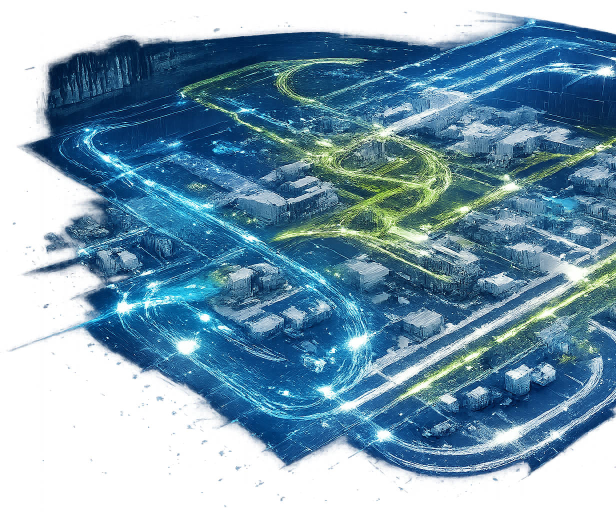 Eine digitale Karte einer Stadt bei Nacht mit leuchtenden blauen und grünen Lichtlinien, die den Verkehrsfluss darstellen.