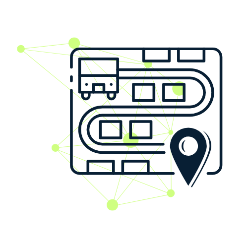 Eine grafische Darstellung eines Karten- und Standortanalyse-Systems mit Linien, Punkten und Kartenmarkierungen.