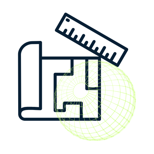Entwurf eines technischen Konstruktionsplans mit Lineal, Architektur-Rolle und 3D-Gitter in Neonfarben.
