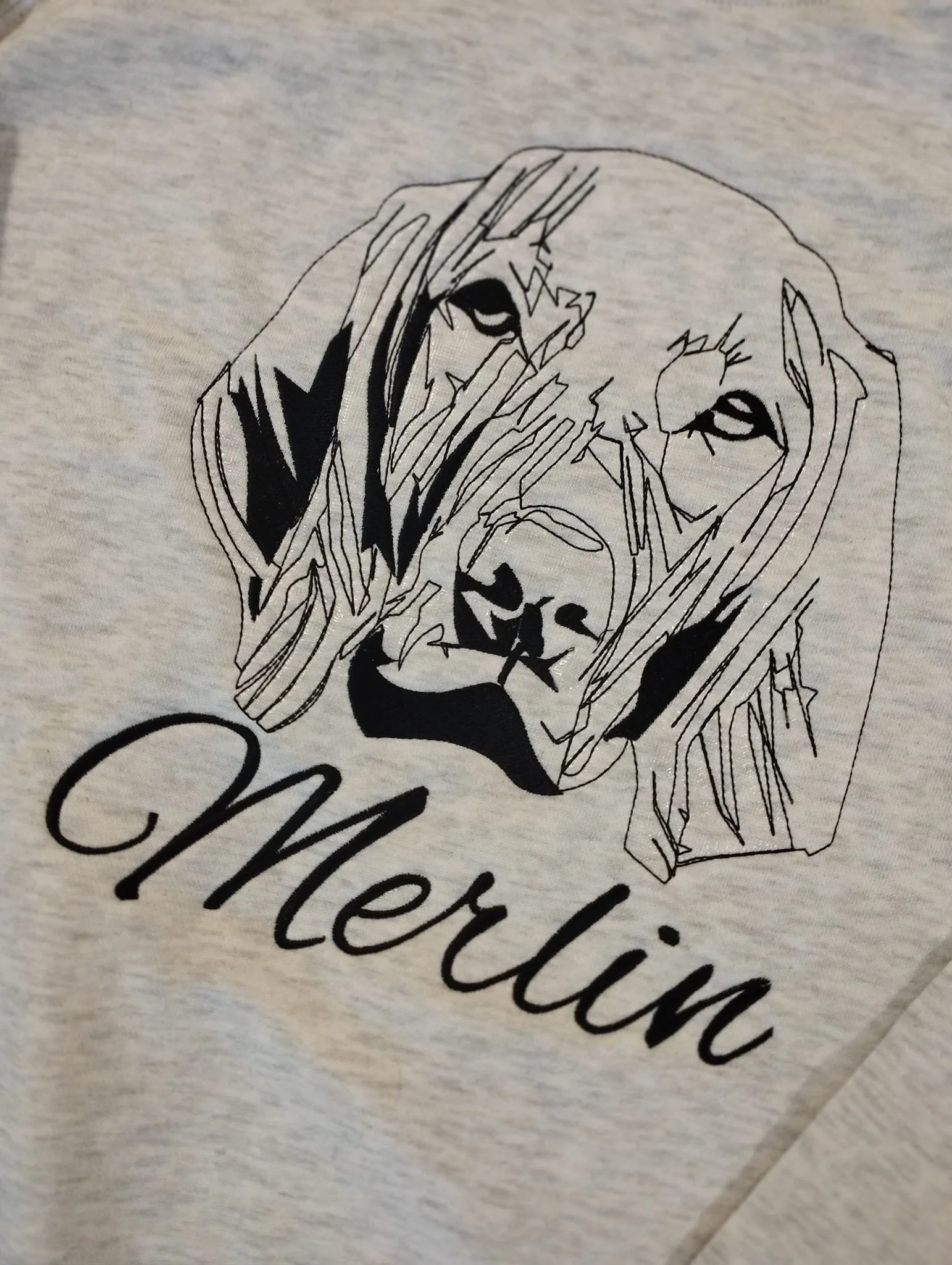 zdjęcie szarej bluzy z wyhaftowanym psem ,napis Merlin