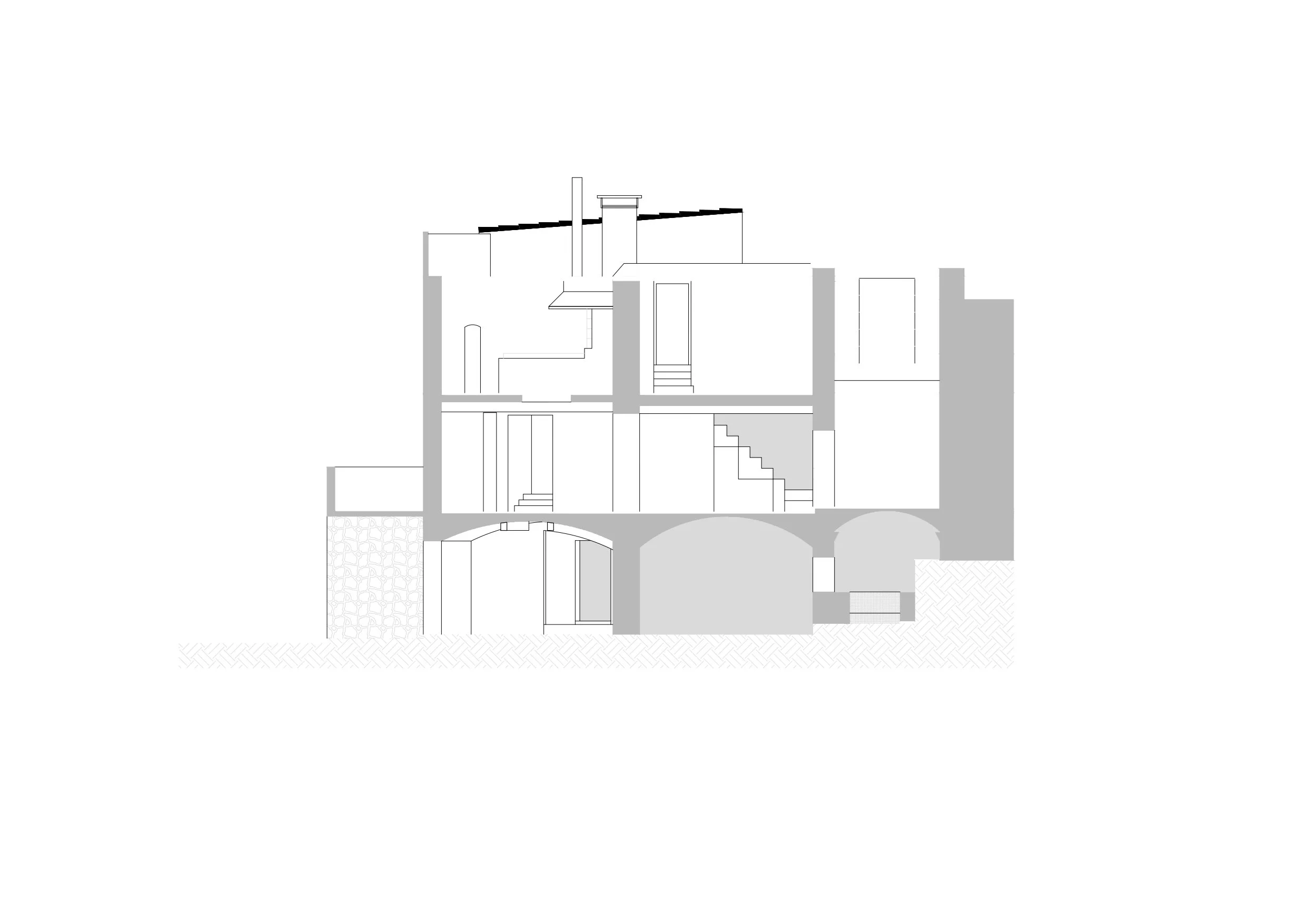 Sección técnica de un proyecto de reforma de vivienda con la distribución interior y la estructura existente.
