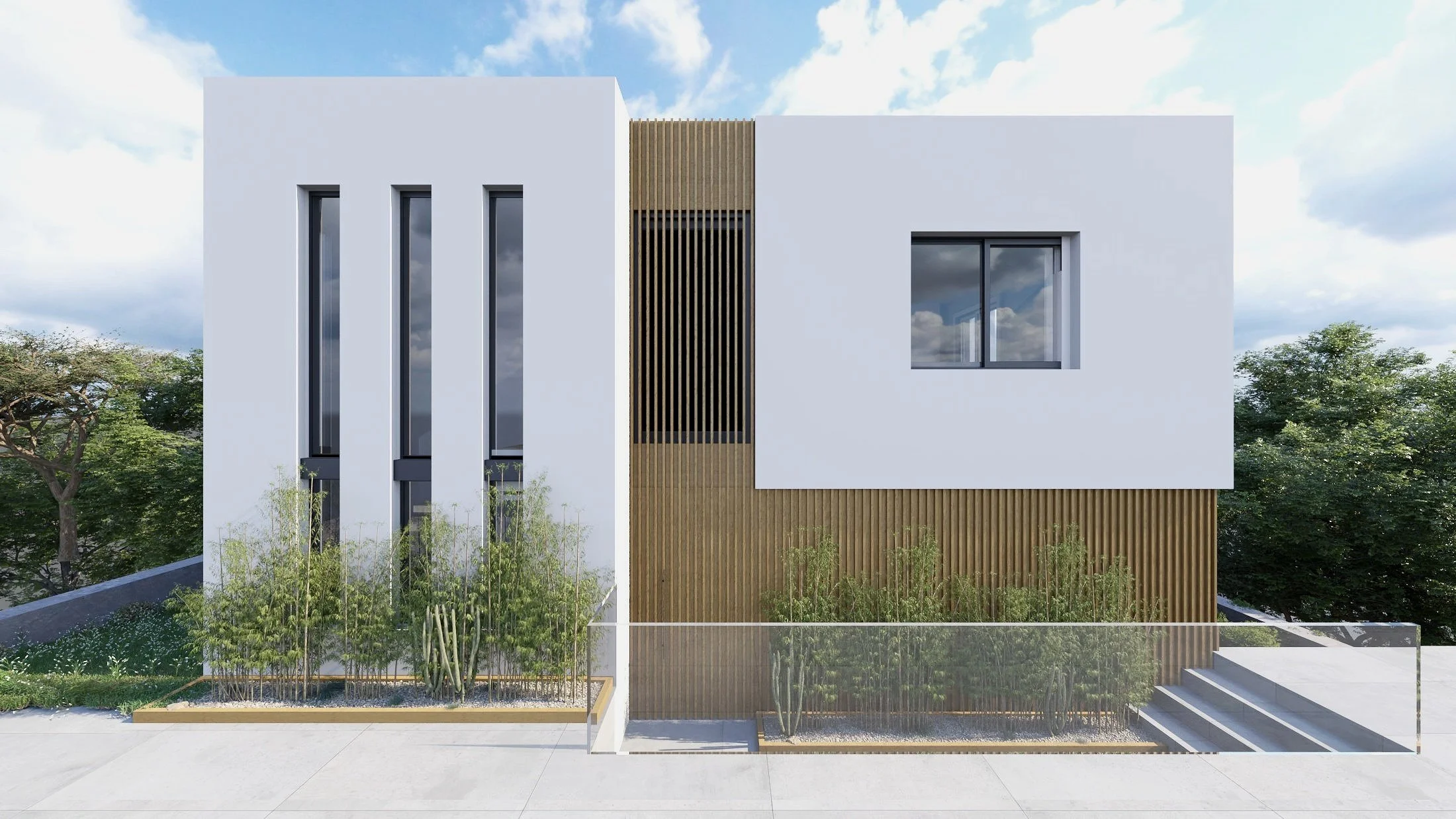 Render de la fachada de una vivienda contemporánea con diseño minimalista, acabados en blanco y madera y grandes superficies acristaladas.