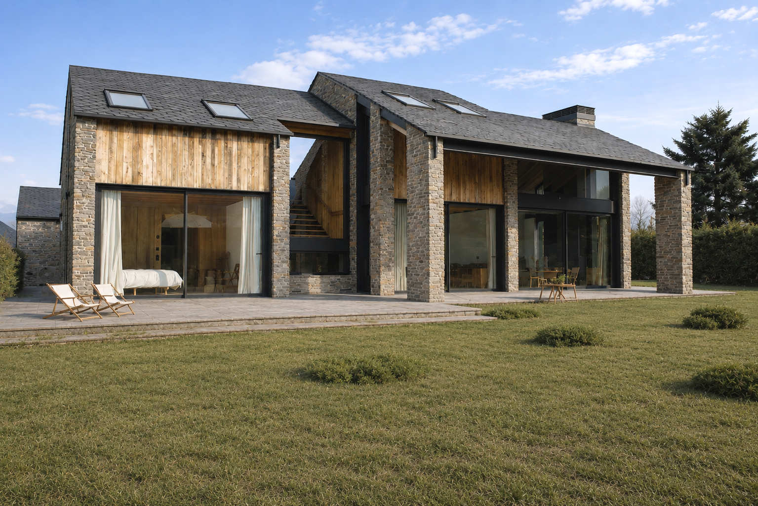 Salón al sur con porche que regula la irradiación solar, casa rural moderna con materiales locales sostenibles con integracion paisajística en Prats..png