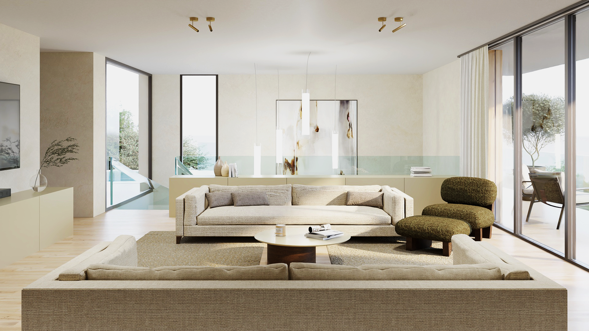 Render de un salón moderno con grandes ventanales, mobiliario contemporáneo y acabados en tonos neutros.