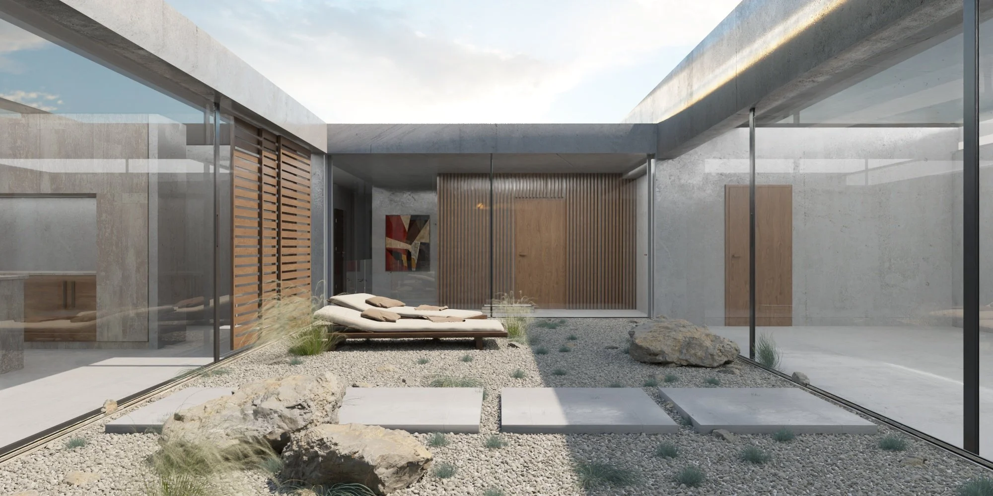 Render de un patio interior contemporáneo con jardín seco, grandes superficies acristaladas y acabados de hormigón y madera.