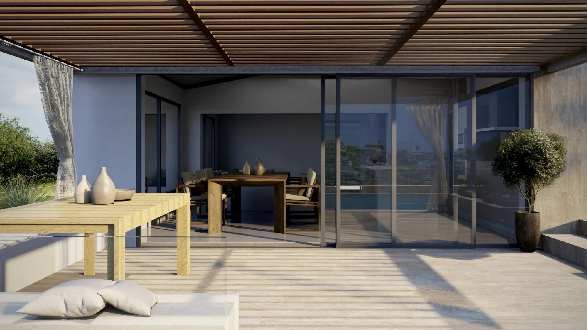 Render de una terraza contemporánea con pérgola, comedor exterior y grandes cerramientos acristalados conectados con la vivienda.