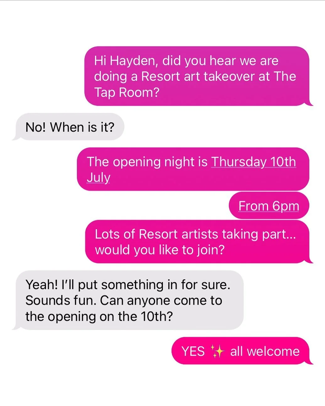 Art Takeover Opening Night

Join us as Resort Studios takes over The Tap Room in Cliftonville.
We&rsquo;re filling the space with vibrant work from our community of artists.

Thursday 10th July
From 6pm
The Tap Room, 4 Princes Avenue, Cliftonville
Al