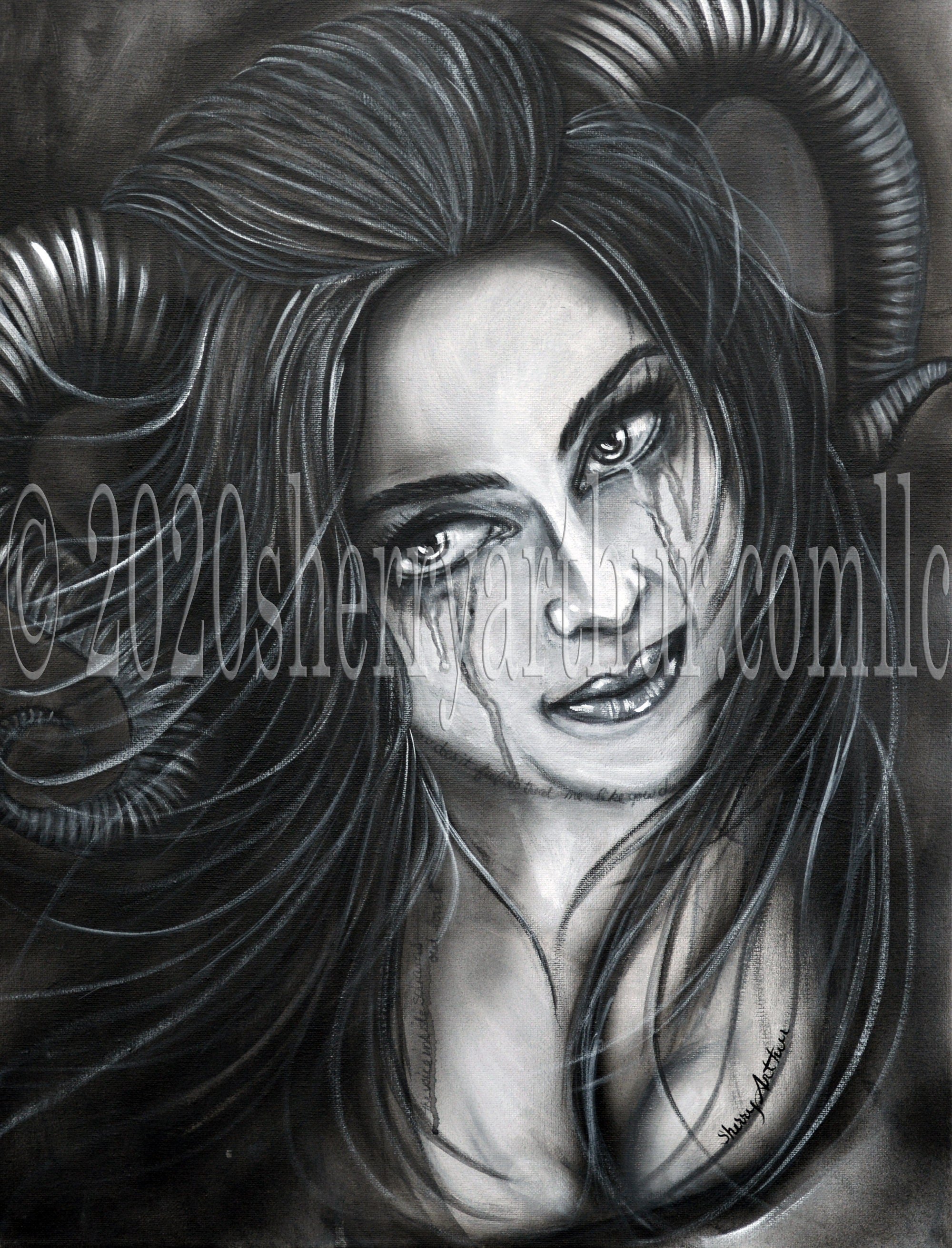 Black and gray woman portrait with large horns crying.