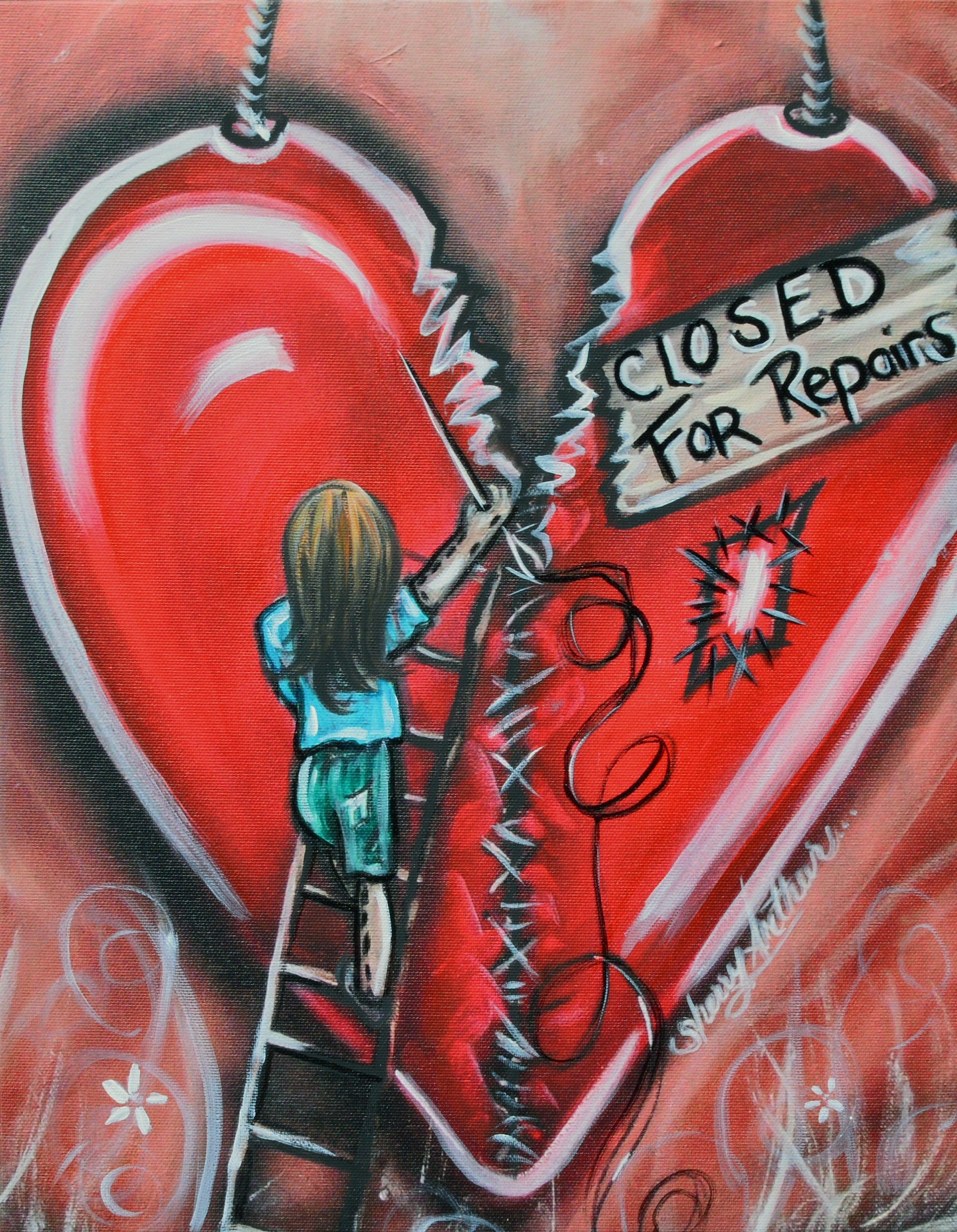 Little girl sewing up broken heart standing on a ladder the sign reads closed for repairs.