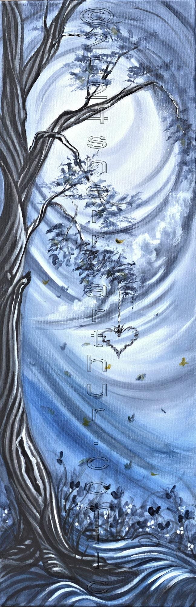 blue gray sky and ground with a black and white twisty tree with a heart hanging down from a branch