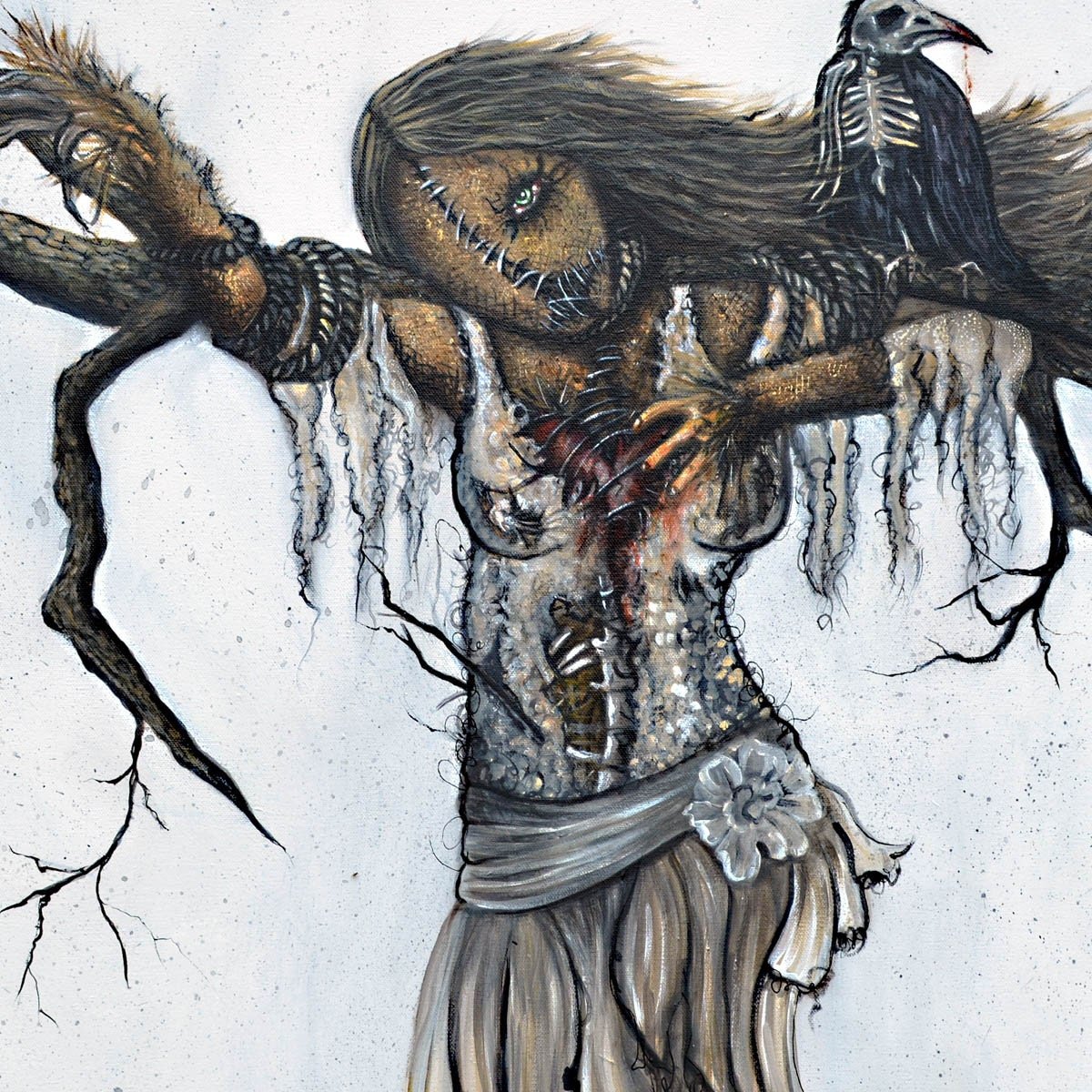 scarecrow woman hanging on branches with a skeleton raven on her shoulder and looking out with one unstitched eye.