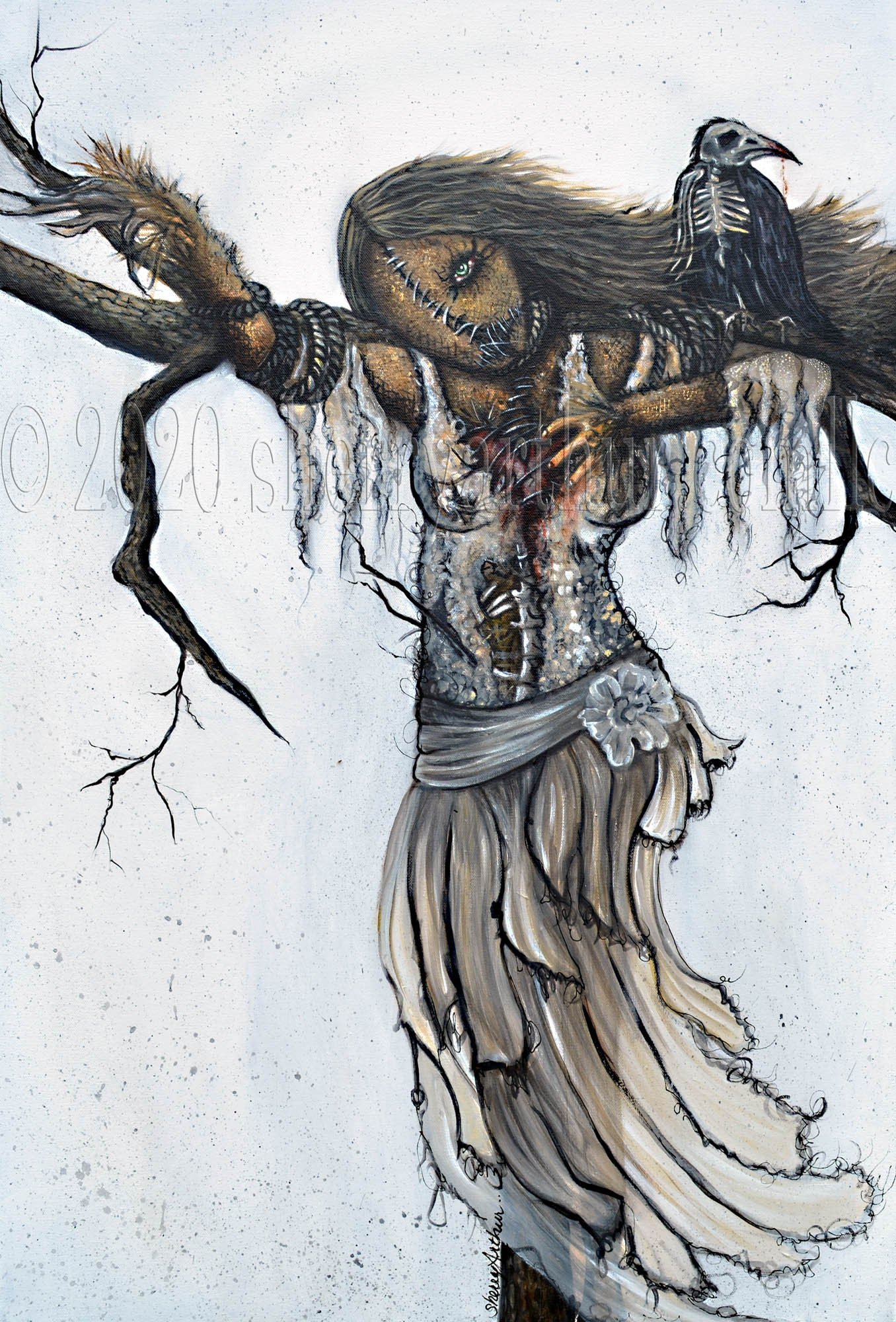 scarecrow woman hanging on branches with a skeleton raven on her shoulder and looking out with one unstitched eye.