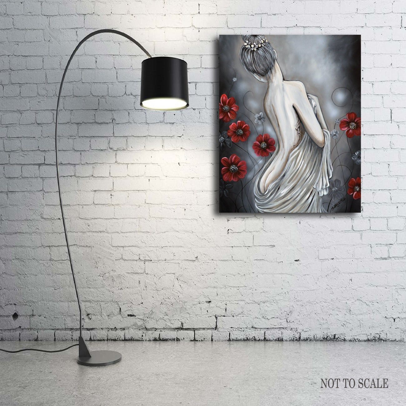 Nude back of woman portrait style. Painted in a romantic style, black and gray with red flowers around her.