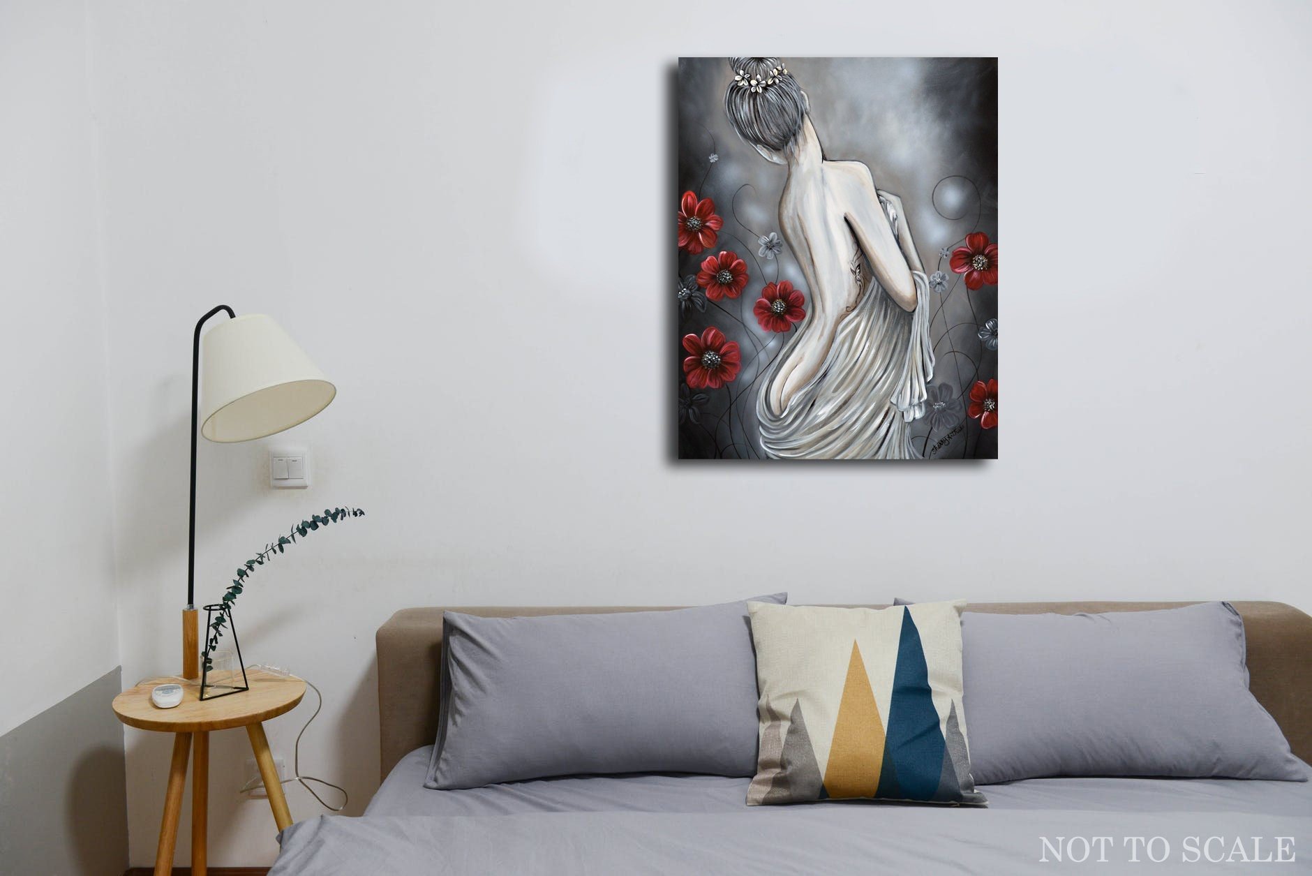 Nude back of woman portrait style. Painted in a romantic style, black and gray with red flowers around her.