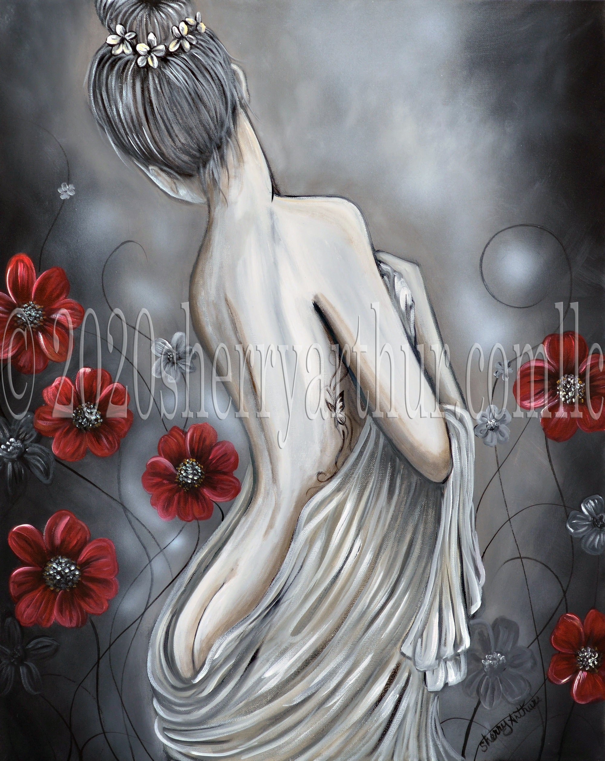 Nude back of woman portrait style. Painted in a romantic style, black and gray with red flowers around her.
