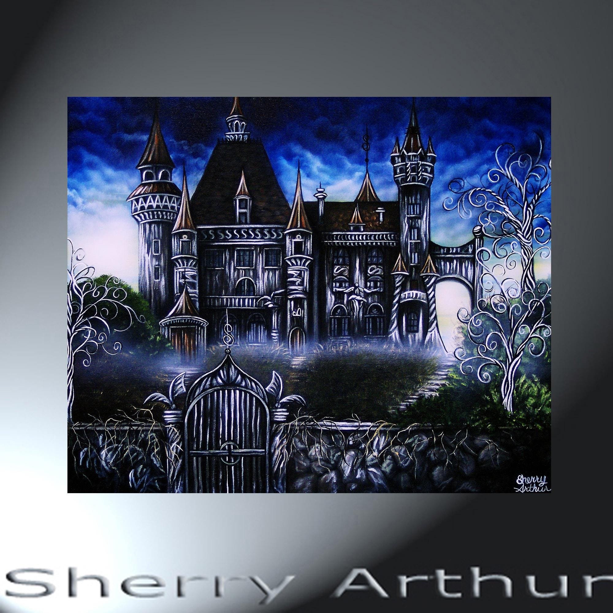 creepy gothic dark castle with a fence and gate in front. the landscape is in blue and green with twisty black and white trees.