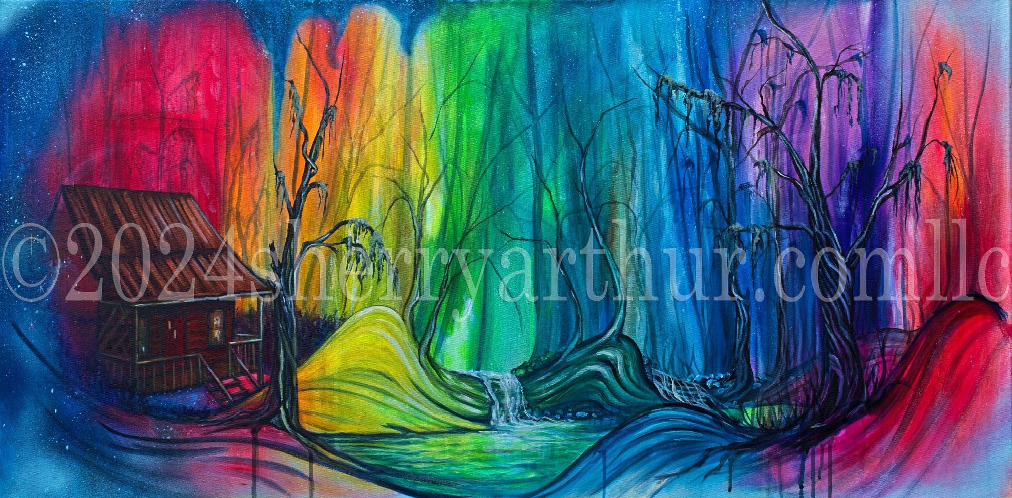 rainbow colored abstract landscape of a cabin in the woods with a small water fall in the center of the artwork surrounded by creepy trees.