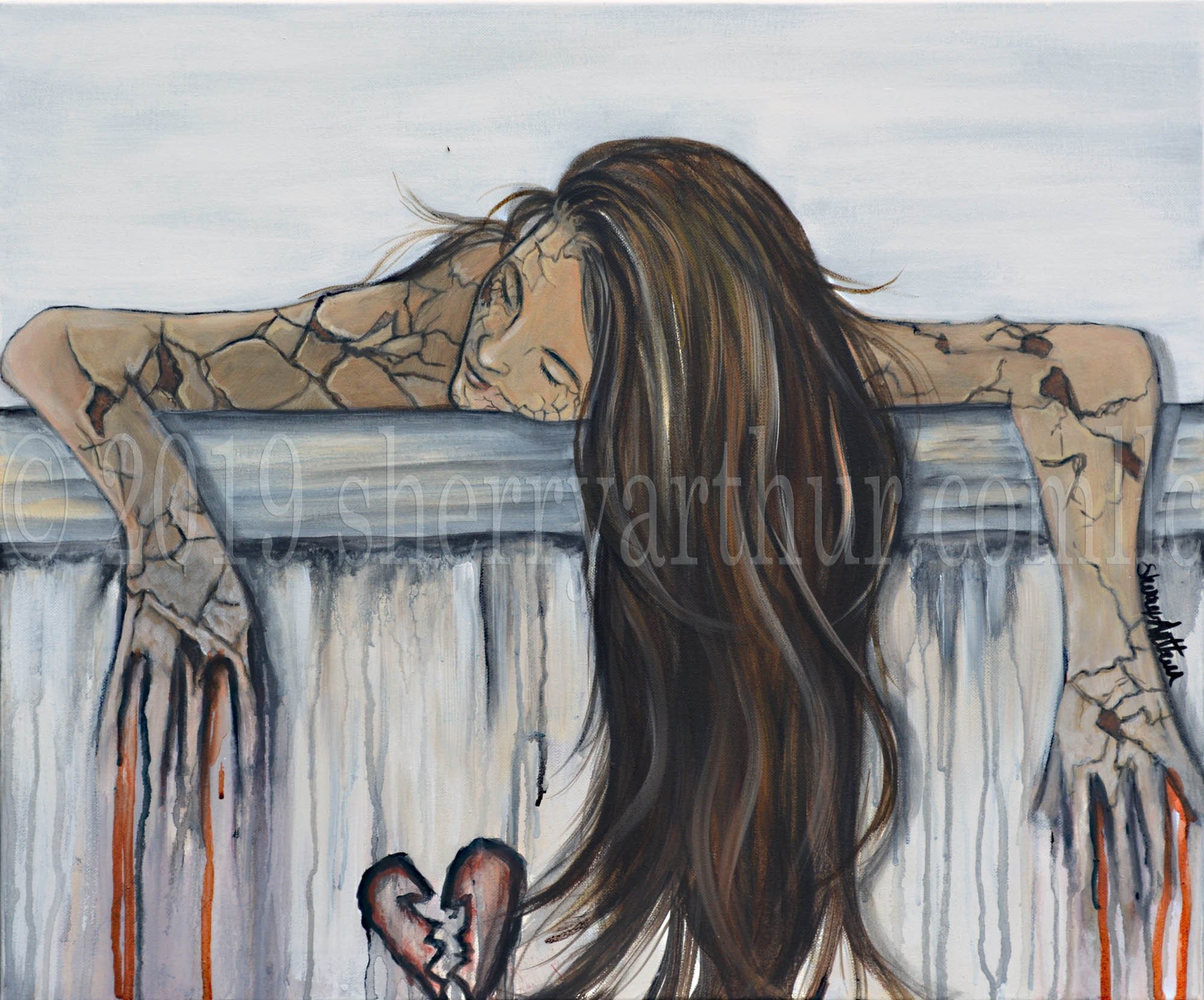 Woman with head an arms hanging over. Her hands are disappearing down as the paint runs. There is a broken heart at the bottom below her and she is all covered in cracks.