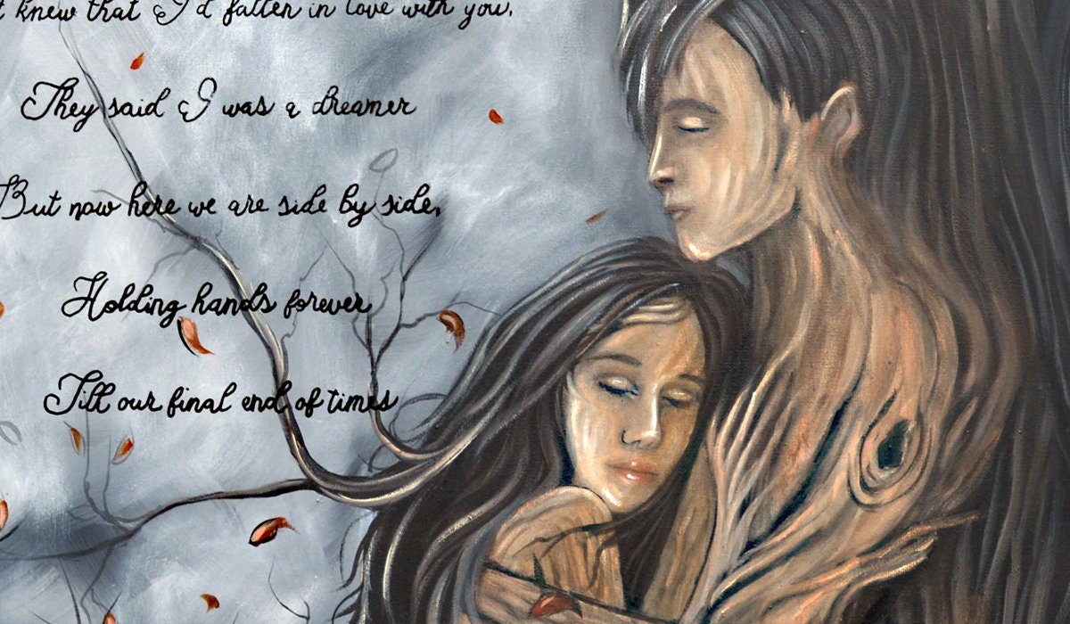 Tree man and woman and embracing each other. The artwork is done in black, gray, and flesh colored with a poem in the background behind them. Very loving artwork.