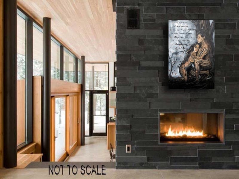 Tree man and woman and embracing each other. The artwork is done in black, gray, and flesh colored with a poem in the background behind them. Very loving artwork.