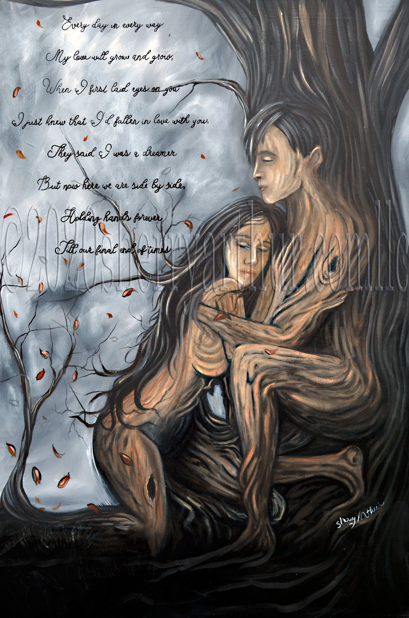Tree man and woman and embracing each other. The artwork is done in black, gray, and flesh colored with a poem in the background behind them. Very loving artwork.