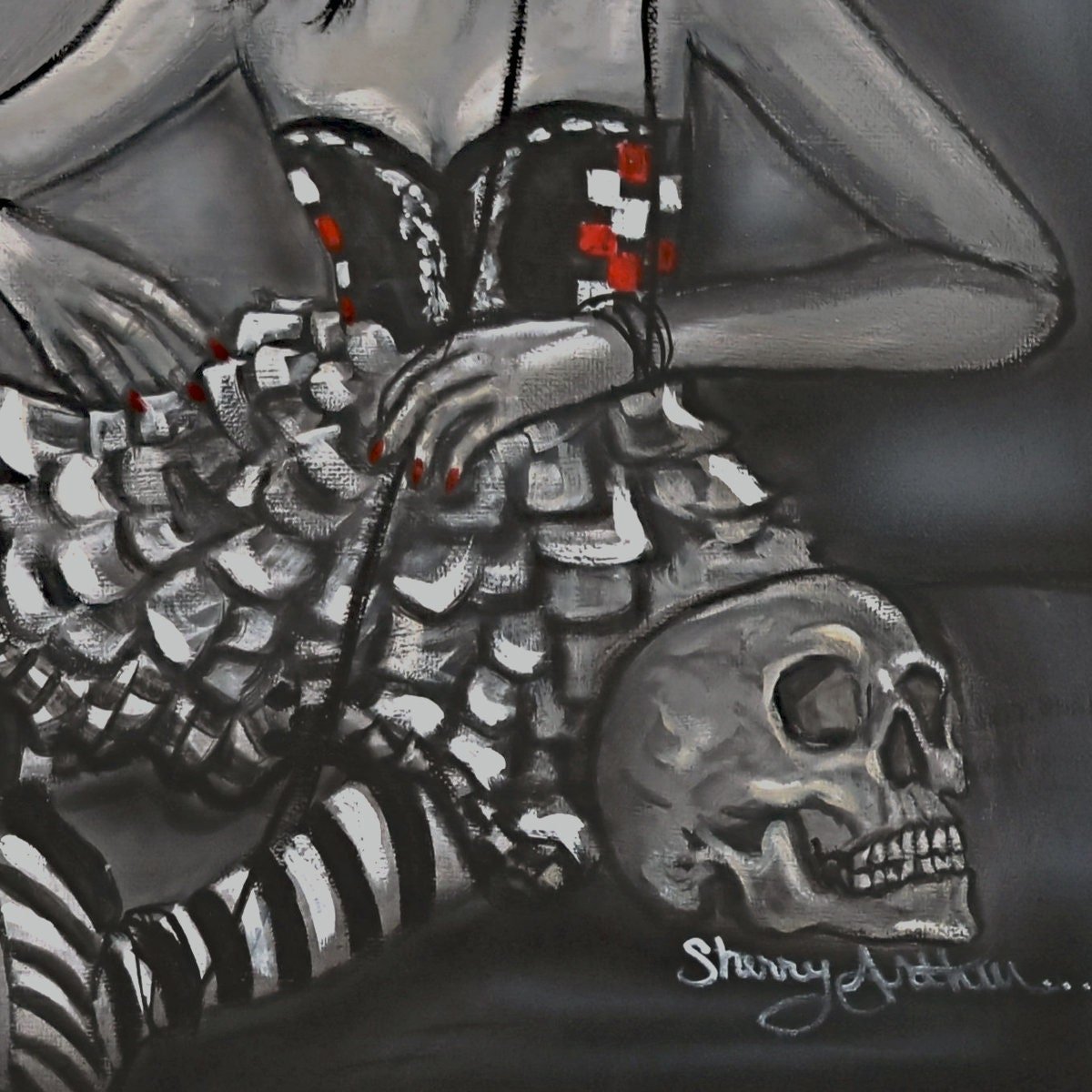 Marionette Woman Tied With Strings manipulated by hands above. Black and gray art print with one red flower lying on the ground and a skull.