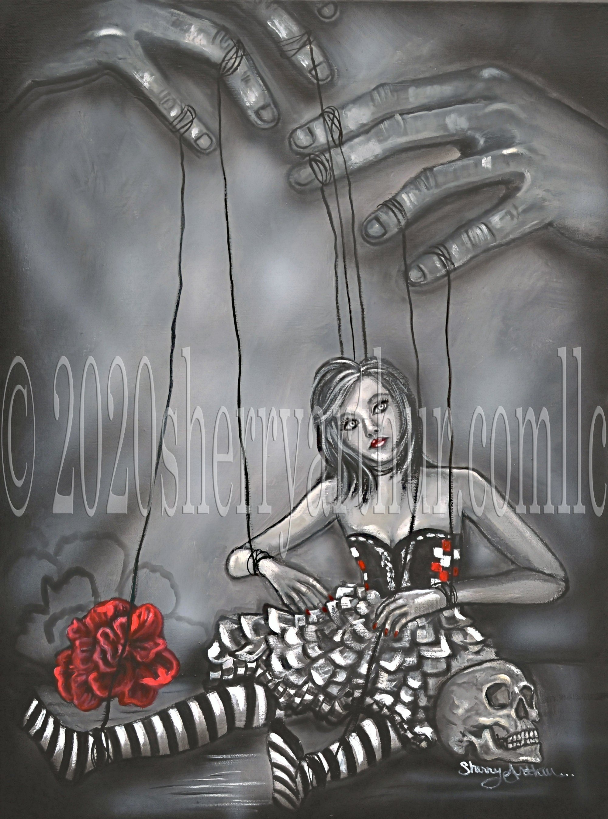 Marionette Woman Tied With Strings manipulated by hands above. Black and gray art print with one red flower lying on the ground and a skull. Hanging on wall.