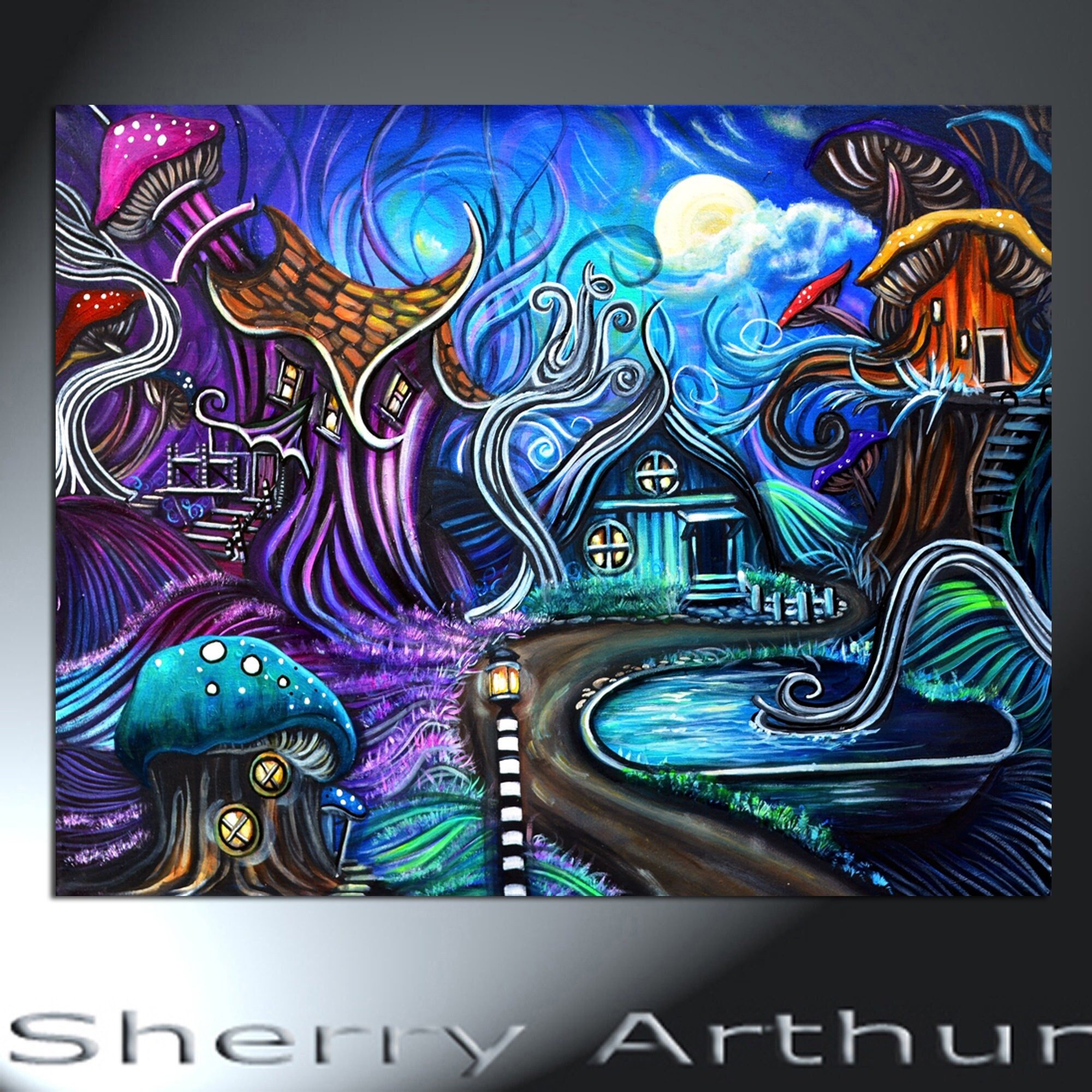 Whimsical landscape with bent forks trees, crazy houses, and mushrooms.