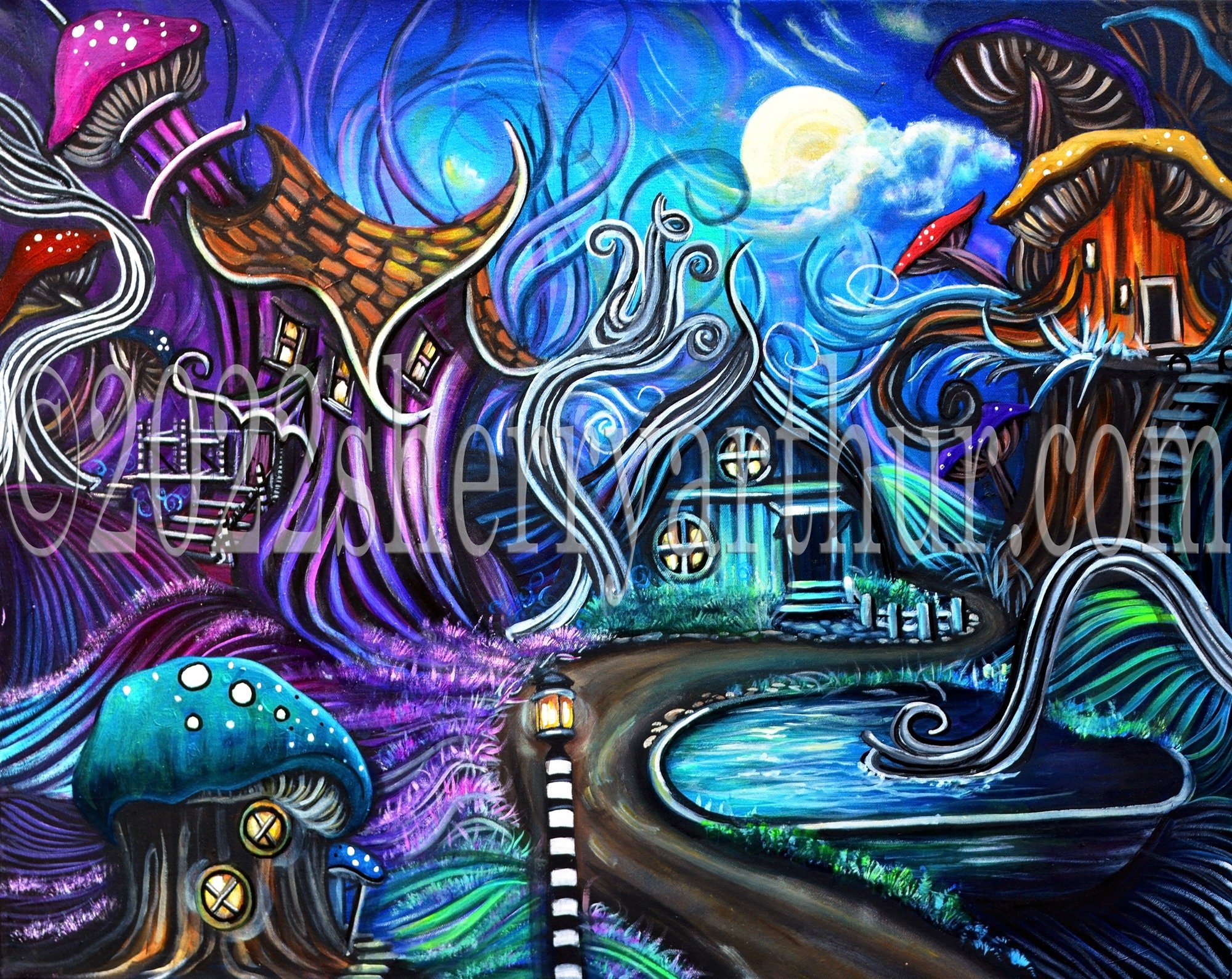 Whimsical landscape with bent forks trees, crazy houses, and mushrooms.