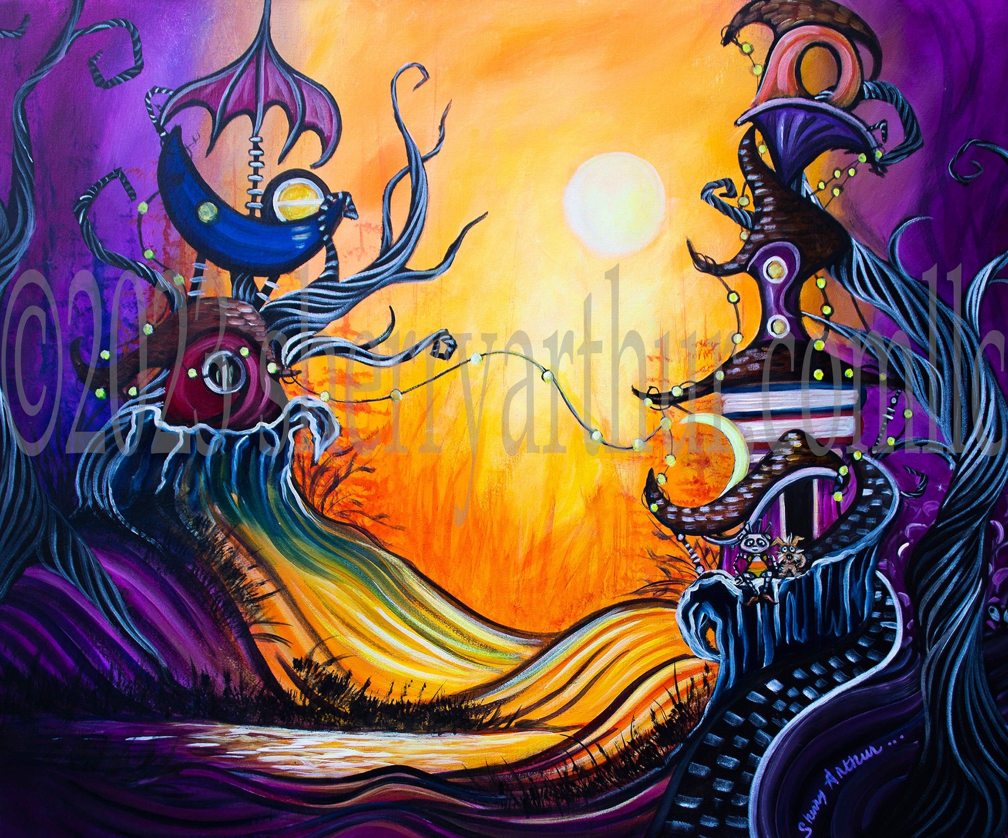 Purple and orange whimsical landscape with houses, hills, and my own original characters. My characters snoot and candy corn girl.