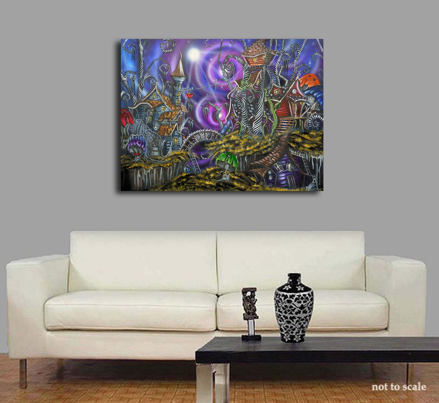 Whimsical landscape of crooked houses in a crooked world with angry mushrooms looking on. The scene is done in purples