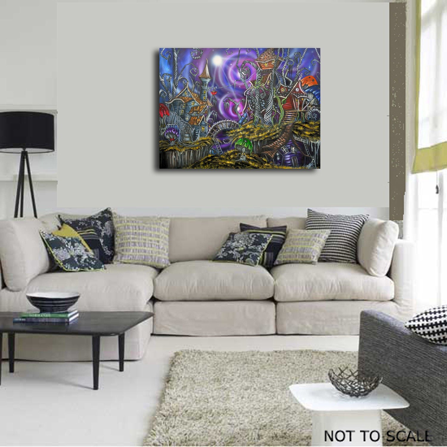 Whimsical landscape of crooked houses in a crooked world with angry mushrooms looking on. The scene is done in purples