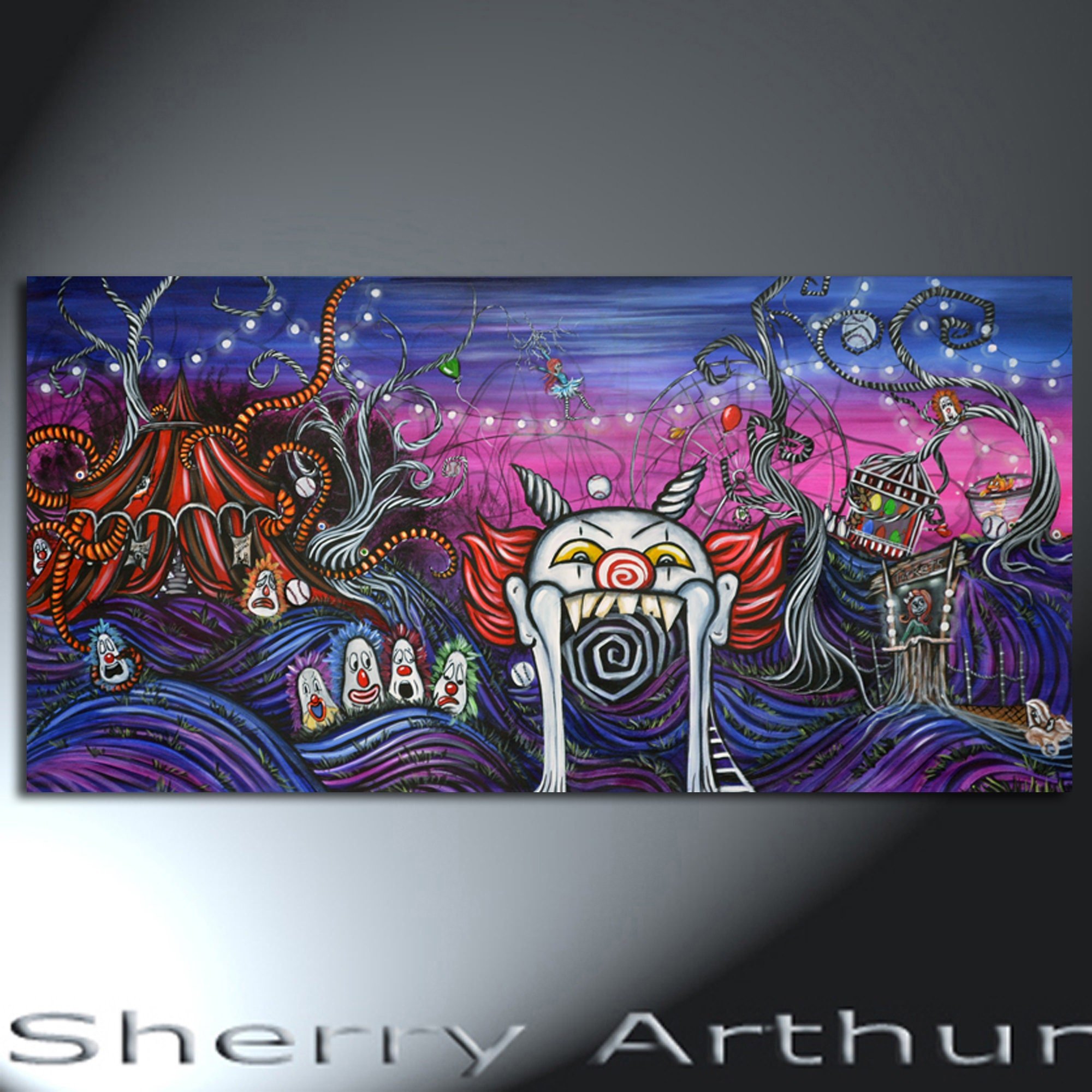 Crazy whimsical circus landscape with an octopus tent monster,