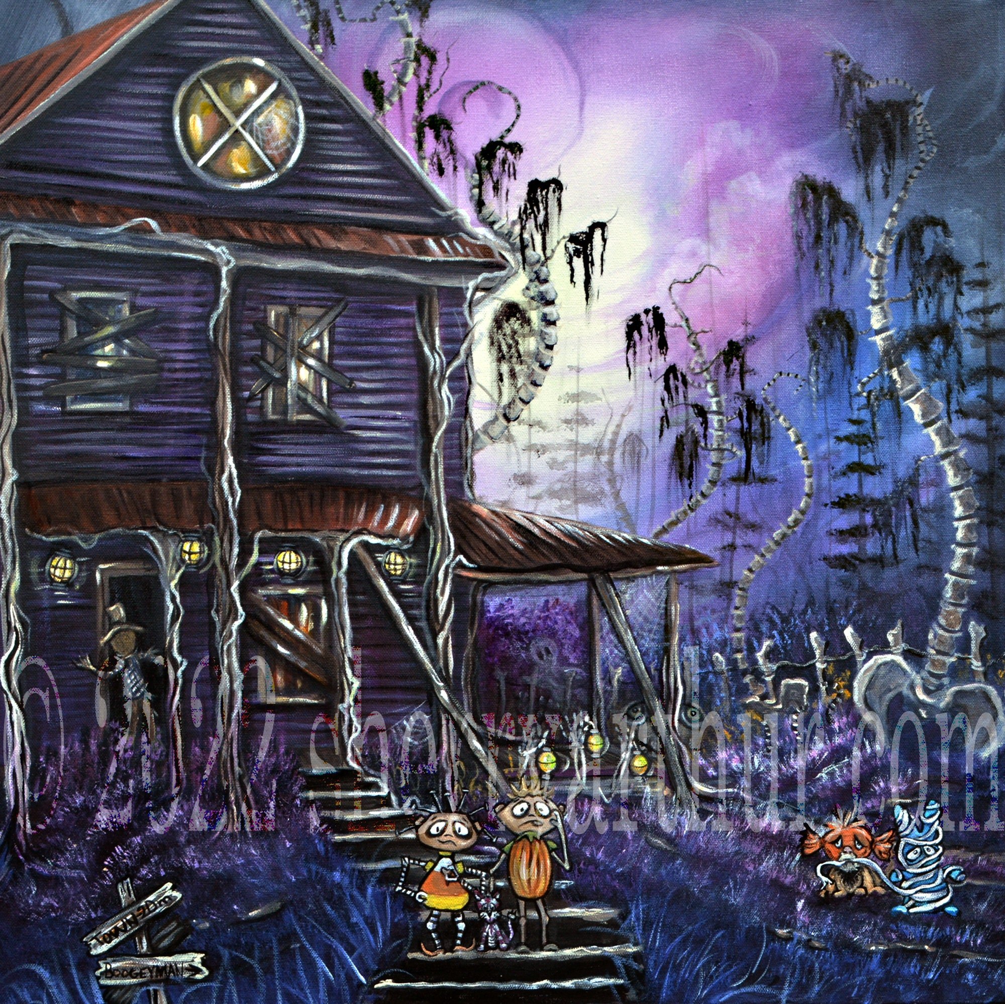 Halloween style haunted house painted in purple with different characters made of Halloween candies.
