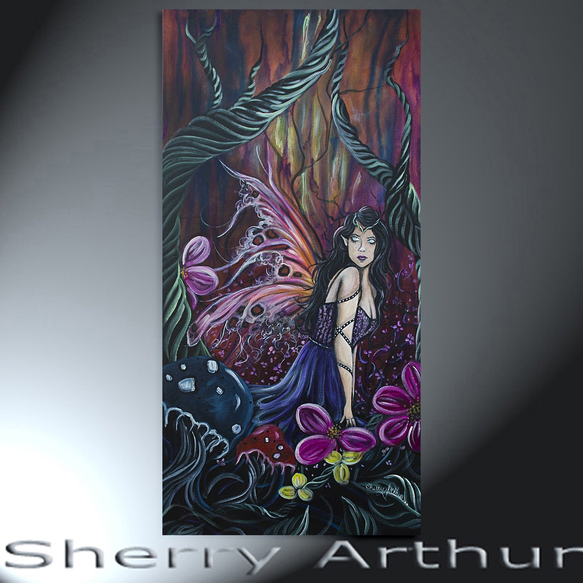 Fairy sitting in the flowers and mushrooms looking back over her shoulder.