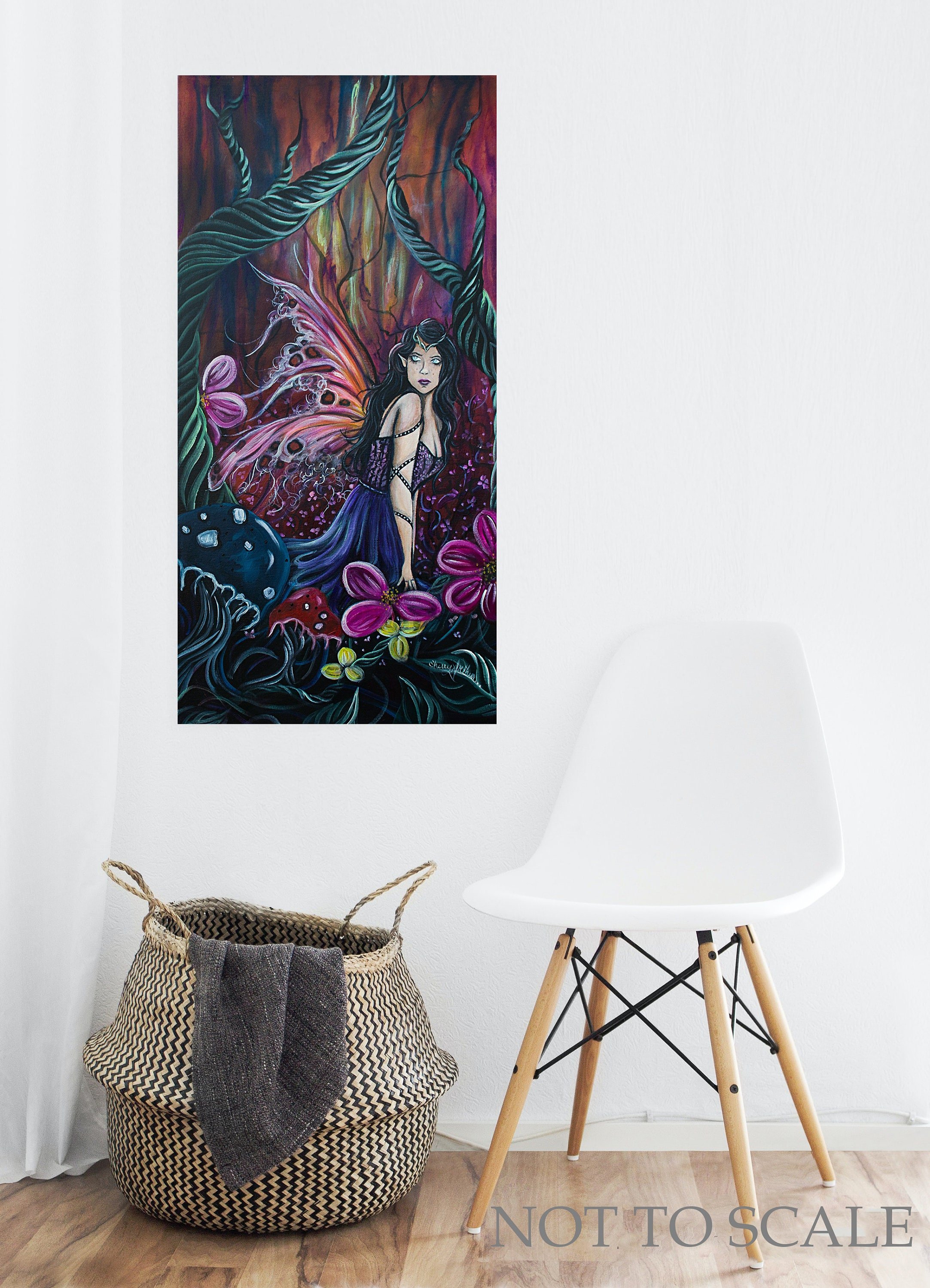 Fairy sitting in the flowers and mushrooms looking back over her shoulder.