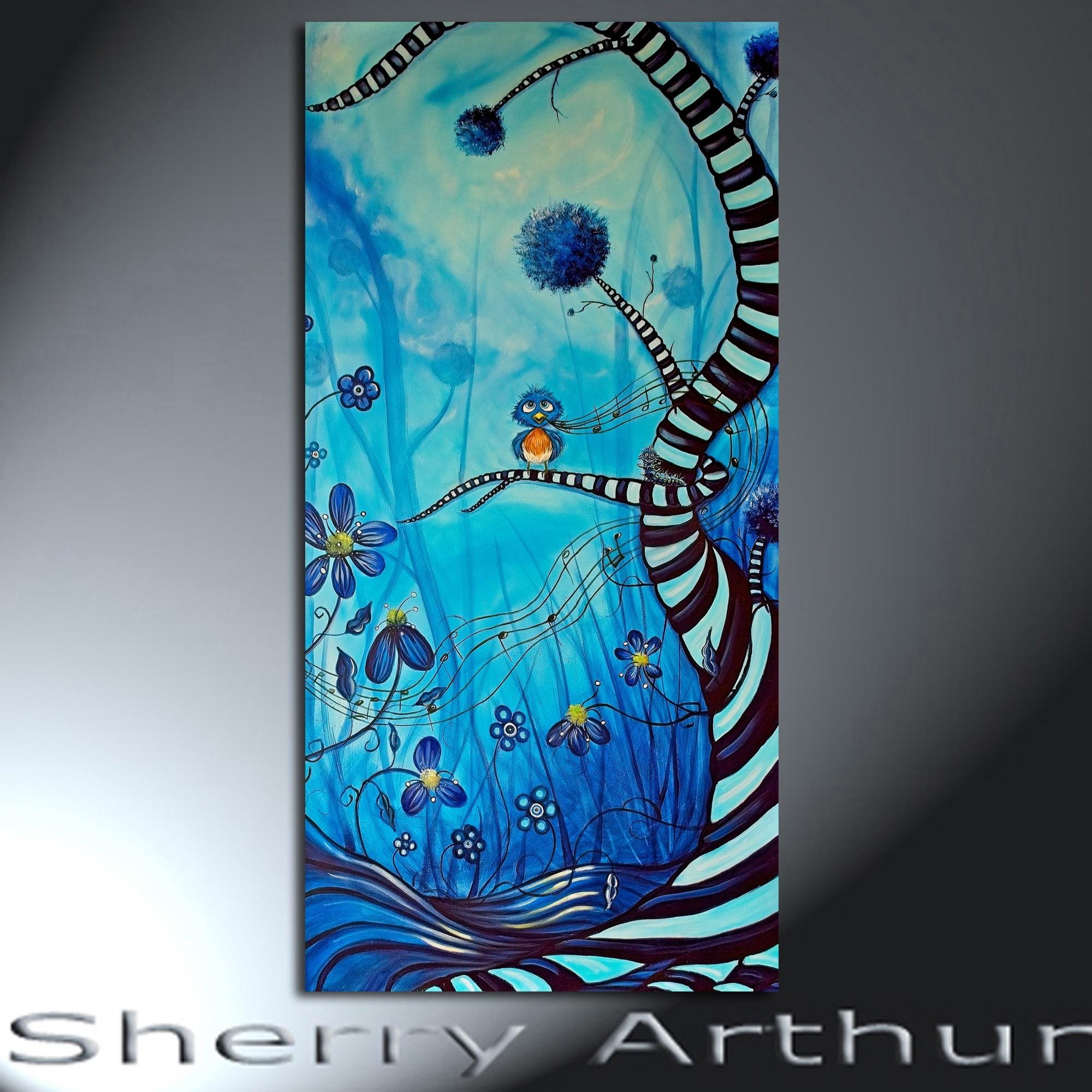 Cartoon bluebird singing in a striped tree with his friends the cartoon caterpillar