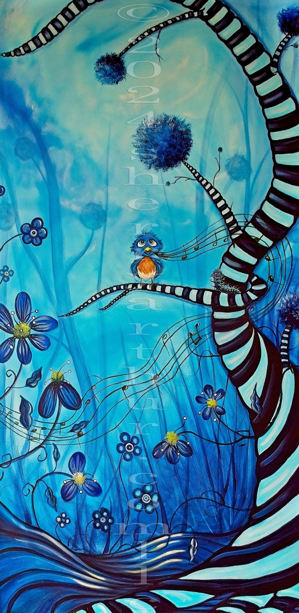 Cartoon bluebird singing in a striped tree with his friends the cartoon caterpillar