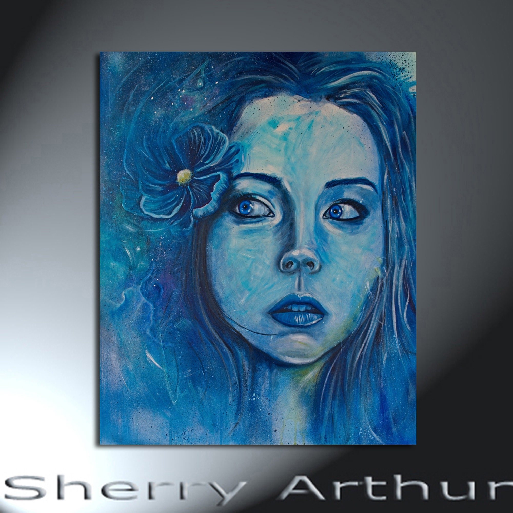 Woman's Face Portrait All in Blue. Eyes looking to the left in distrust.