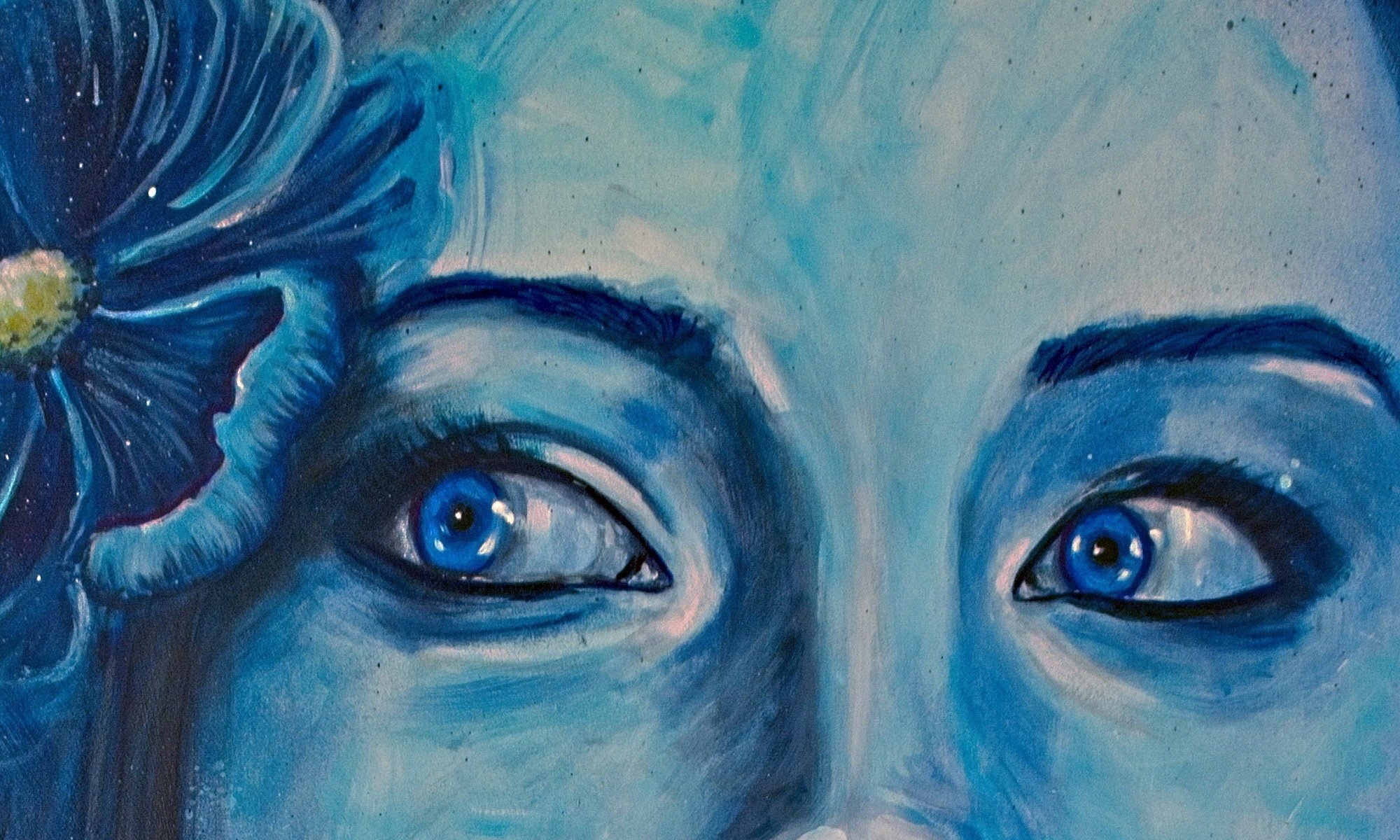 Woman's Face Portrait All in Blue. Eyes looking to the left in distrust.