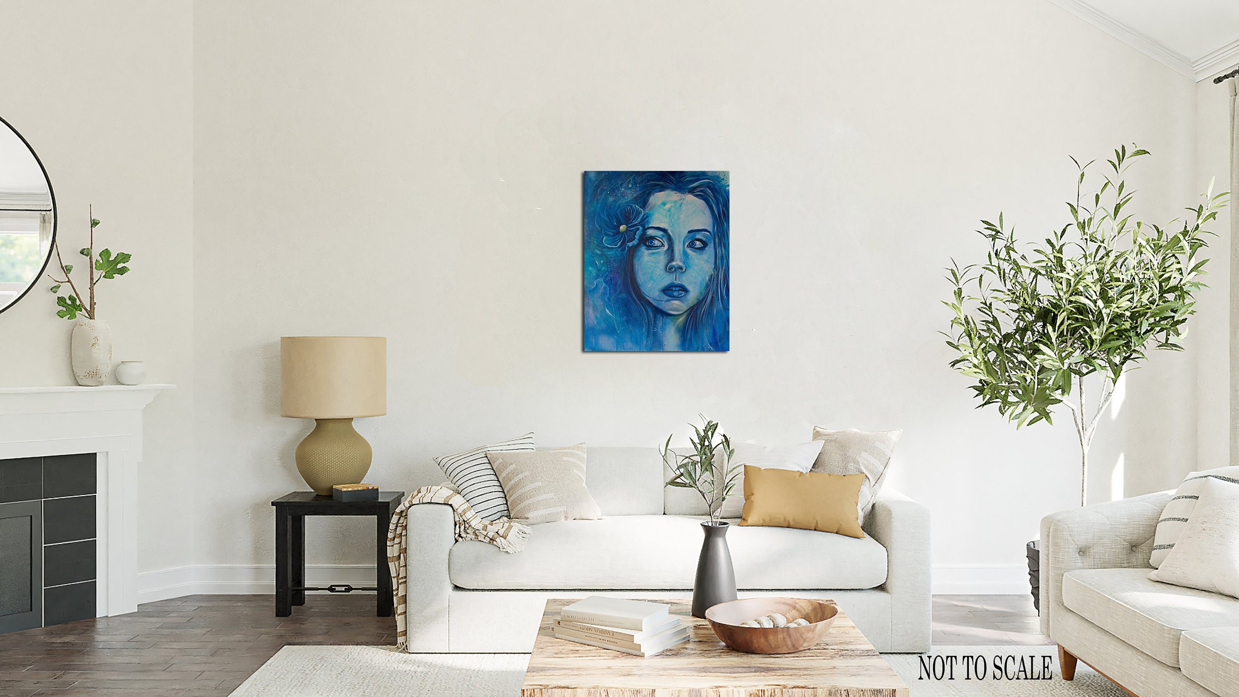 Woman's Face Portrait All in Blue. Eyes looking to the left in distrust on a wall in a room.