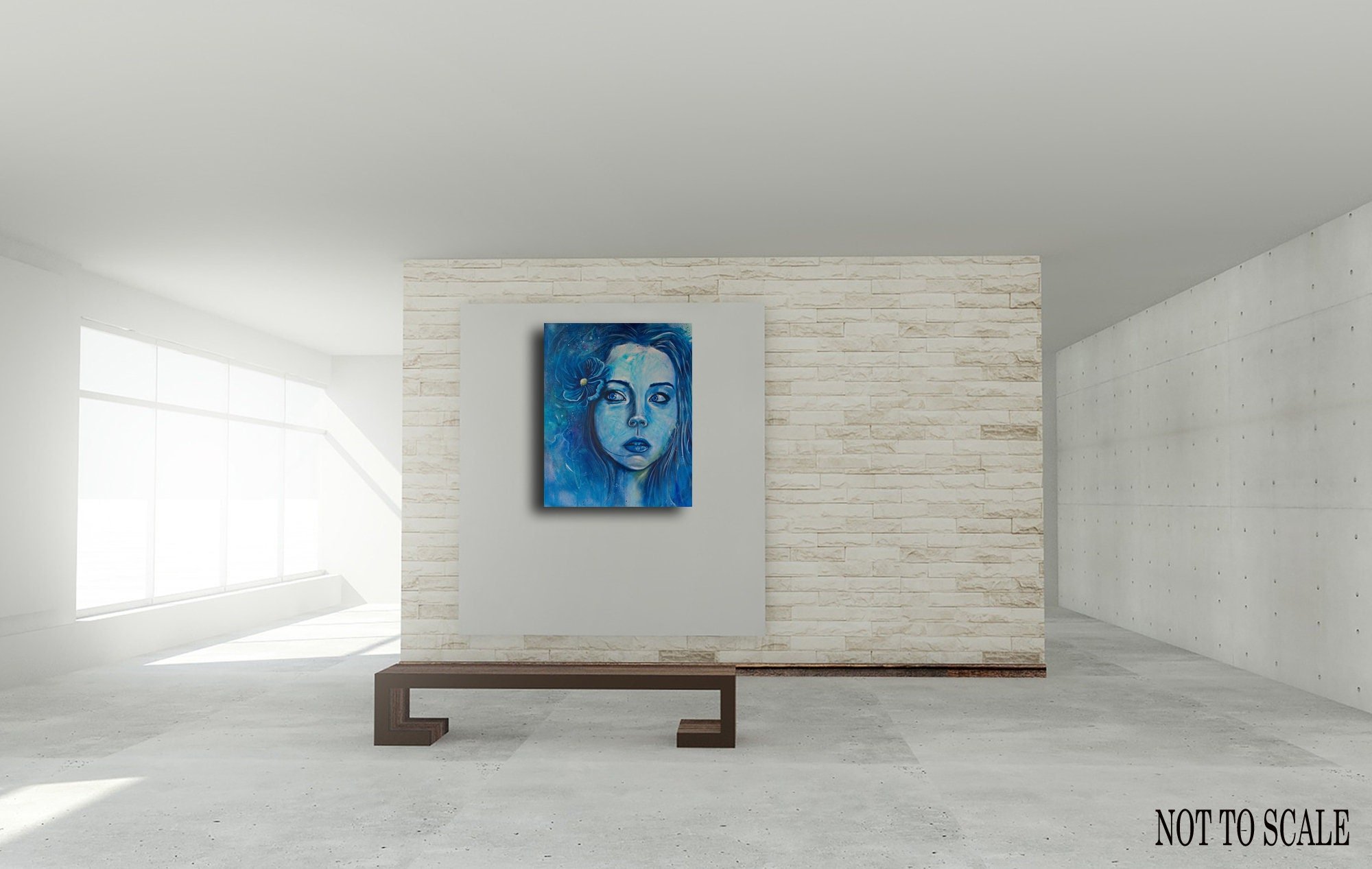 Woman's Face Portrait All in Blue. Eyes looking to the left in distrust on a wall in a room.