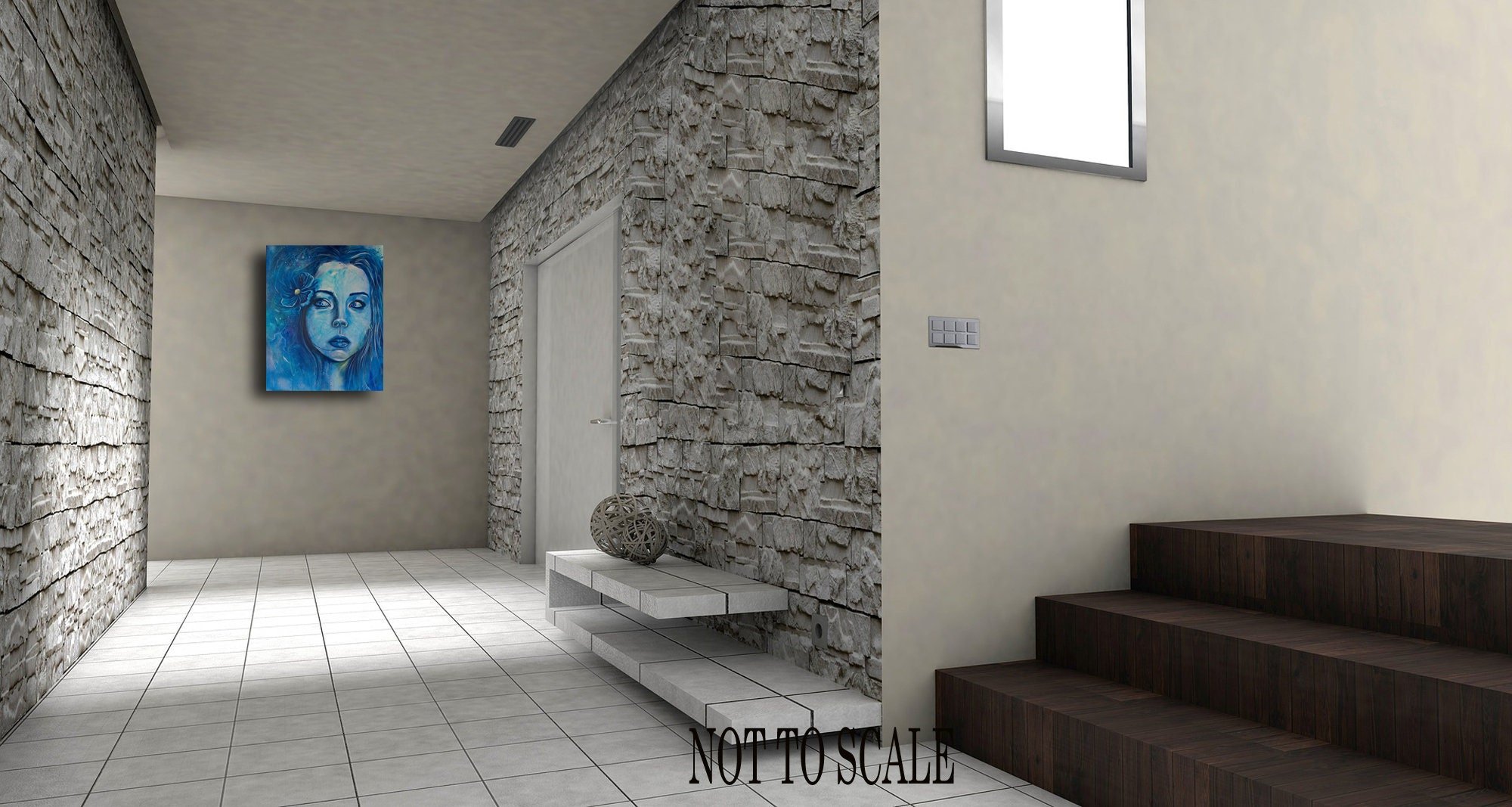 Woman's Face Portrait All in Blue. Eyes looking to the left in distrust on a wall in a room.